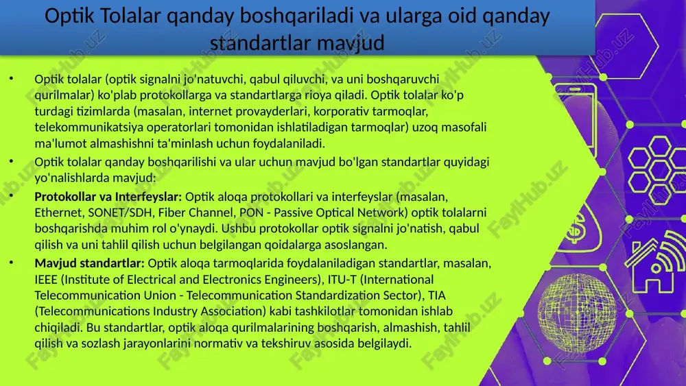): ushbu standart optik aloqa tarmoqlarida layer 2 xavfsizlikni ta'minlash uchun ishlatiladi. ular gigabit va 10-gigabit ethernet tarmoqlarida ma'lumotlarni himoya qilish uchun qo'llaniladi. aes (advanced encryption standard): bu standart, maxfiy shifrlash uchun ishlatiladigan algoritmlardan biridir. ushbu standart ma'lumotlarni shifrlash va unga murojaat qilish uchun ko'p ishlatiladi. wpa/wpa2 (wi-fi protected access): bu standartlar beqiyos wi-fi tarmoqlarida ma'lumotlarni shifrlash va himoyalash uchun foydalaniladi. this presentation uses a free template provided by fppt.com www.free-power-point-templates.com vpn (virtual private network): ushbu tarmoq xizmati aloqa tarmoqlari orqali maxfiy aloqa o'rnatishga imkon beradi. bu standartlar ma'lumotlarni shifrlab, hech kimga ko'rish imkoniyatini chegaralaydi. bu xavfsizlik standartlari optik aloqa tizimlarida ma'lumotlar himoyalash, shifrlash va autentifikatsiya uchun foydalaniladi. ularning amalga oshirilishi tarmoq xavfsizligini ta'minlashda juda katta ahamiyatga ega. xavfsizlik protokollarini foydalanish, ma'lumotlarni to'g'ri yo'lga yo'llash, maxfiy va himoyalashga erishishga yordam beradi. vpn-lar quyidagi maqsadlarda ishlatiladi: maxfiylik: foydalanuvchilar internetda faol bo'lishlari uchun maxfiylikni ta'minlash. geografik cheklovlar: vpn orqali geografik cheklovlar bilan …