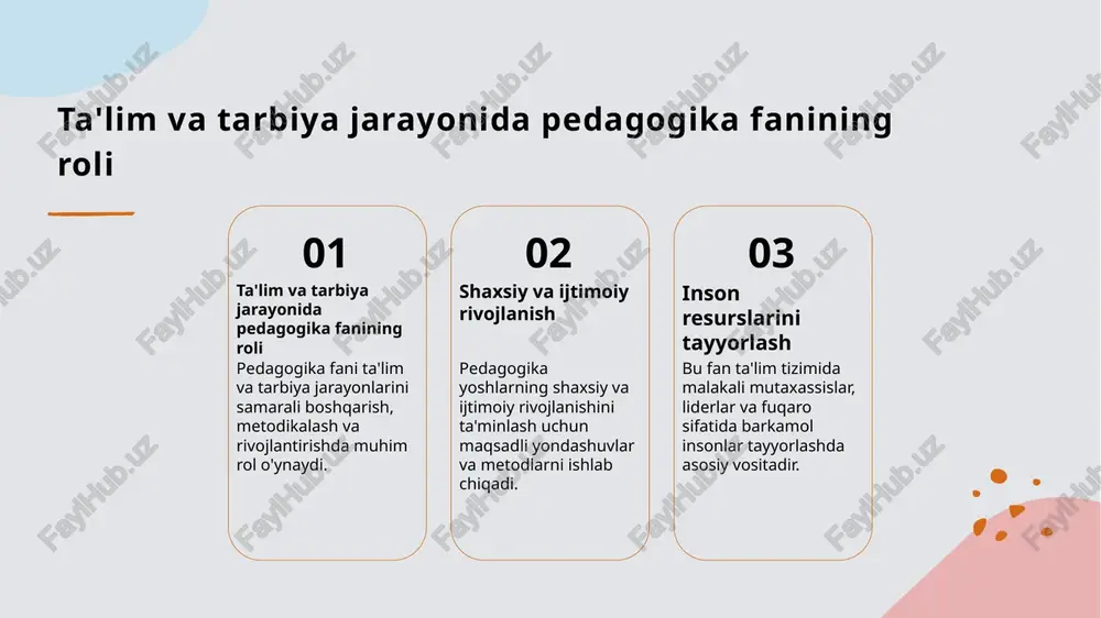 milliy va dunyo miqyosida raqobatbardosh qilib tarbiyalashga yordam beradi. 3 madaniy kontekst zamonaviy pedagogika madaniy kontekstga moslashgan bo'lib, milliy qadriyatlar va global tendensiyalarni muvofiqlashtiradi, shuningdek, madaniy xilma-xillikni hisobga oladi. 4 qiyosiy tahlil mahalliy va xalqaro pedagogik yondashuvlar orasidagi farqlar va o'xshashliklar, ularning ta'lim jarayoniga ta'siri va samaradorligini tahlil qilish muhimdir. pedagogika fanining asosiy vazifalarining umumiy mazmuni va ahamiyati 01 ma'naviy rivojlanish pedagogika fanining asosiy vazifalaridan biri insonning ma'naviy va axloqiy qadriyatlarini shakllantirishdir. bu jarayon yosh avlodda yuksak insoniylikni rivojlantirishga qaratilgan. 02 ta'lim sifatini oshirish pedagogika ta'lim jarayonining samaradorligini oshirish va metodikalarni takomillashtirish orqali ta'lim sifatini yaxshilashga xizmat qiladi. bu esa, jamiyat rivojida muhim omil hisoblanadi. 03 shaxsiyatni tarbiyalash pedagogika inson shaxsining barkamol rivojlanishini ta'minlash, qobiliyat va ko'nikmalarni rivojlantirish, shuningdek, jamiyatga foydali fuqaro bo‘lishini ta'minlash vazifasini bajaradi. ta'lim jarayonida pedagogikaning maqsadlari va ularning rivojlanishdagi roli 1 ma'lumotlarni shakllantirish - pedagogika ta'lim jarayonida insonning fikrlash, qobiliyat va qadriyatlarini rivojlantirishga yo'naltirilgan maqsadlarni belgilaydi, …