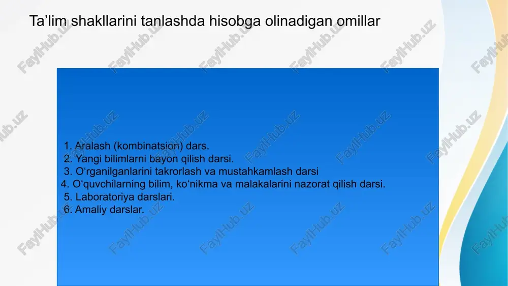 qarish va nazorat qilish. bu pedagogik jarayonlarning sifatini oshirishda asosiy rol o‘ynaydi. mustahkamlash uchun savollar: 1. individual ta’lim shakli qanday amalga oshiriladi va u boshqa o‘quvchilardan nimasi bilan farq qiladi? 2. guruhli ta’lim shaklida o‘qituvchi qanday rol o‘ynaydi va bu shaklning asosiy afzalligi nimada? 3. darslarning samaradorligini oshirish uchun qanday pedagogik strategiyalar qo‘llaniladi? 4. ta’lim maqsadlariga erishishda motivatsiya va faoliyatning o‘rni nimada? 5. ta’lim shakllarini tanlashda hisobga olinadigan omillar qaysilar? 6. innovatsion yondashuvlar ta’lim jarayonida qanday rol o‘ynaydi va u o‘quvchilarga qanday yordam beradi? 7. amerikalik o‘qituvchi william chandler bagley darslarni nechta turga ajratgan va ularning nomlarini sanab bering. 8. ta’limdagi “individual yondashuv”ning maqsadi nima va u o‘quvchilarning rivojlanishiga qanday ta’sir qiladi? foydalanilgan adabiyotlar 1. o'zbekiston respublikasi ta'lim vazirligi. o'zbekiston ta'lim tizimi: shakllari va dars turlari. tashkent: fan va ta'lim nashriyoti, 2020. 2. akromov, m. pedagogik strategiyalar va ta'lim standartlari. toshkent: o'zbekiston milliy universiteti nashriyoti, 2019. 3. sultonov, a. ta'limni …