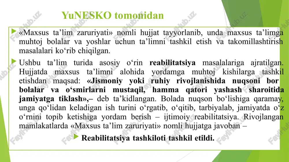 va sog’lam bolalar o‘rtasidagi jismoniy farqni kamaytirishga qaratilgan. oddiy maktab bilan yonmayon joyda nogiron bolalar uchun maxsus bo‘lim yoki sinf tashkil qilish mumkin. b) funksional integratsiya. bu shakl nogiron va sog’lam bolalar o‘rtasidagi funksional muammolarni kamaytirishga qaratilgan. v) ijtimoiy integratsiya. itegratsiyaning bu shakli ijtimoiy muammolarni kamaytirishga qaratilgan va u nogiron hamda sog’lam bolalar o‘rtasidagi o‘zaro aloqani qo‘llab – quvvatlaydi. g) jamiyatga integratsiya qilish kabilar. integratsilashgan talim tizimining bir qator quyidagicha chegaralangan tomonlari mavjud: umumta’lim muassasalarda kompleks tibbiy-pedagogik yordam olish imkoniyati bo‘lmaydi. umumta’lim maktab pedagogi maxsus metodikani bilmaganligi sababli imkoniyati cheklangan bolalarning maxsus ehtiyojlarini qondirmaydi. umumta’lim maktablarida tiflo, surdotexnik vositalar, maxsus tibbiyot uskunalar bo‘lmaydi. sinfda o‘quvchilar soni 25 tadan 35 gacha yetadi va oqibatda ularning barchasiga ko‘p vaqt ajrata olmaydi. umumta’lim maktablarda alohida dastur va darsliklardan foydalanish imkoniyati bo‘lmaydi. inklyuziv ta’lim tizimi integratsilashgan ta’lim tizimidan o‘zining mazmun – moxiyati, maqsadi, vazifalari va harakat dasturi bilan farqlanadi. inklyuziv ta’lim sinflari va boshlang‘ich …