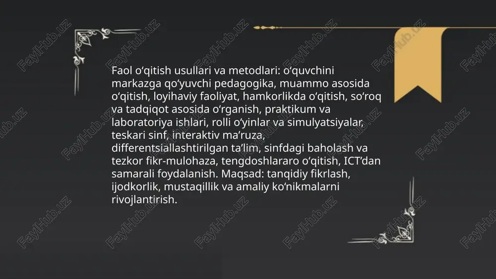 , ovoz nazorati va materiallar tayyorligi dars samaradorligini oshiradi. ... t.me/slaydai_bot interfaol baholash va tezkor fikr-mulohaza berish zamonaviy darsda o'quv jarayonini moslashtirish, 5 ta asosiy tamoyil: aniqlik, shaxsiylashtirish, kechiktirmaslik, amaliy tavsiya, o'lchovchanlik. vositalar: lms, mobil ilovalar, klik tizimlari, elektron anketa. fikr 1-2 daqiqa ichida yetkazilishi, chastota: dars ichida 3-5 marta, maqsad: 90% o'quvchi tushunishini aniqlash, natija asosida differentsiatsiya va rejalashtirish amalga oshiriladi. zamonaviy dars va unga qoʻyiladigan talablar niyozova fotima e'tiboringiz uchun raxmat! image1.png image2.png image3.png image4.jpg image5.jpg image6.jpg image7.jpg image8.jpg image9.jpg /docprops/thumbnail.jpeg