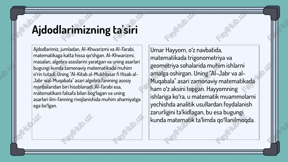 salan, astronomiya va matematikada ko'plab asarlar yozgan, ularning ayrimlari hozirgi kunda ham ahamiyatga ega. oʻzbek matematiklari jahon miqyosida tan olinishi va yutuqlari bilan ham mashhur. ularning ishlari, nafaqat mintaqada, balki global matematik tadqiqotlar rivojiga ham katta ta'sir ko'rsatdi. masalan, al-khwarizmi, algebra sohasidagi asosiy tushunchalarni ishlab chiqdi va bu ishlar hozirgi zamon matematikasining poydevorini tashkil etadi. ularning asarlari ko'plab xalqaro konferensiyalar va tadqiqotlar doirasida muhokama qilinadi. bugungi kunda oʻzbekistonda yangi avlod matematiklari tarixiy merosni davom ettirib, ta'lim tizimida va ilmiy tadqiqotlarda o'z hissalarini qo'shmoqda. ular o'z ajdodlarining yutuqlaridan ilhomlanib, yangi yondashuvlar va metodlarni ishlab chiqmoqdalar. bu jarayon, oʻzbekistonni global matematik tadqiqotlar xaritasida yanada ko'proq tanitishga yordam bermoqda. kelajakdagi rivojlanish oʻzbek matematiklari, masalan, al-xorazmiy va al-farobiy, o'z asarlarida matematikani rivojlantirib, uning nazariy asoslarini yaratdilar. al-xorazmiy algebra asoslarini ishlab chiqib, bugungi kunda ham foydalaniladigan metodlarni shakllantirdi. shuningdek, al-farobiy o'z asarlarida logika va matematik tafakkur o'rtasidagi bog'lanishni ko'rsatdi. bu buyuk ajdodlarimizning ilm-fanga qo'shgan hissalari, …
