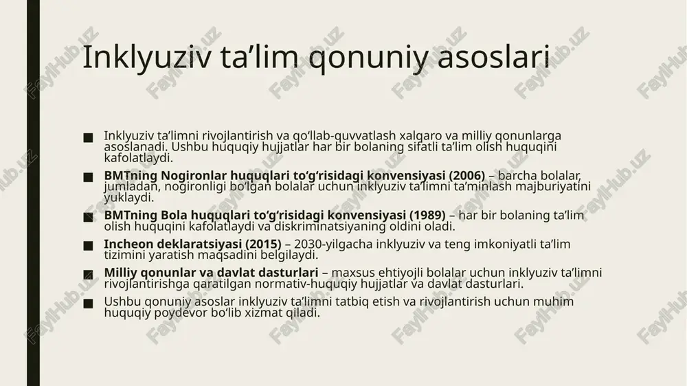 zani mustahkamlash – maktablarni maxsus uskunalar va moslashtirilgan o‘quv materiallari bilan ta’minlash. jamiyatda tushunchani oshirish – inklyuziv ta’lim bo‘yicha targ‘ibot va axborot kampaniyalarini o‘tkazish. moslashtirilgan dasturlar ishlab chiqish – maxsus ehtiyojli bolalar uchun individual ta’lim dasturlarini yaratish. ota-onalar bilan hamkorlikni kuchaytirish – ularni ta’lim jarayoniga jalb qilish va psixologik qo‘llab-quvvatlash. muvaffaqiyatli inklyuziv ta’lim misollari finlandiya modeli – har bir bola uchun individual yondashuv va qo‘llab-quvvatlovchi maxsus pedagoglar tizimi. italiya tajribasi – maxsus maktablar o‘rniga barcha bolalar umumiy maktablarda ta’lim olishi yo‘lga qo‘yilgan. yaponiya tajribasi – texnologik yechimlar va maxsus dasturlar orqali inklyuziv ta’limni rivojlantirish. o‘zbekiston tajribasi – inklyuziv ta’lim bo‘yicha davlat dasturlari va maxsus sinflar tashkil etilishi. bu tajribalar inklyuziv ta’lim samaradorligini oshirishga yordam beradi. xulosa inklyuziv ta’lim har bir bolaning teng huquqli ta’lim olish imkoniyatini ta’minlashga qaratilgan zamonaviy ta’lim tizimidir. bu tizim barcha bolalarni, jumladan, maxsus ehtiyojli bolalarni ham jamiyatga to‘liq integratsiya qilishga yordam beradi. inklyuziv ta’limning asosiy tamoyillari …