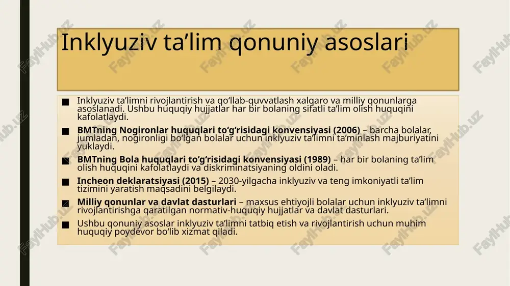 zani mustahkamlash – maktablarni maxsus uskunalar va moslashtirilgan o‘quv materiallari bilan ta’minlash. jamiyatda tushunchani oshirish – inklyuziv ta’lim bo‘yicha targ‘ibot va axborot kampaniyalarini o‘tkazish. moslashtirilgan dasturlar ishlab chiqish – maxsus ehtiyojli bolalar uchun individual ta’lim dasturlarini yaratish. ota-onalar bilan hamkorlikni kuchaytirish – ularni ta’lim jarayoniga jalb qilish va psixologik qo‘llab-quvvatlash. muvaffaqiyatli inklyuziv ta’lim misollari finlandiya modeli – har bir bola uchun individual yondashuv va qo‘llab-quvvatlovchi maxsus pedagoglar tizimi. italiya tajribasi – maxsus maktablar o‘rniga barcha bolalar umumiy maktablarda ta’lim olishi yo‘lga qo‘yilgan. yaponiya tajribasi – texnologik yechimlar va maxsus dasturlar orqali inklyuziv ta’limni rivojlantirish. o‘zbekiston tajribasi – inklyuziv ta’lim bo‘yicha davlat dasturlari va maxsus sinflar tashkil etilishi. bu tajribalar inklyuziv ta’lim samaradorligini oshirishga yordam beradi. xulosa inklyuziv ta’lim har bir bolaning teng huquqli ta’lim olish imkoniyatini ta’minlashga qaratilgan zamonaviy ta’lim tizimidir. bu tizim barcha bolalarni, jumladan, maxsus ehtiyojli bolalarni ham jamiyatga to‘liq integratsiya qilishga yordam beradi. inklyuziv ta’limning asosiy tamoyillari …