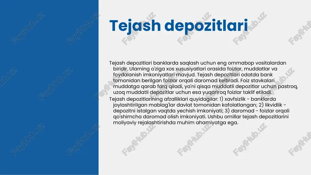 aydi. - asosiy muammolar va ularni hal etish yo'llari: - hisob-kitoblardagi xatolar va muammolarni aniqlash uchun zamonaviy texnologiyalardan foydalanish. - o'zaro ta'sirlarni yaxshilash uchun malakali mutaxassislarni jalb qilish. banklarda depozit operatsiyalari va ularning buxgalteriya hisobi depozit operatsiyalarini boshqarish depozit operatsiyalari banklar tomonidan mijozlardan mablagʼlarni qabul qilish va saqlash jarayonidir. bu operatsiyalar moliyaviy muassasalarning asosiy faoliyatlaridan biri hisoblanadi. • mijozlar bilan munosabatlarni mustahkamlash • risklarni boshqarish • oʼzaro hisob-kitoblarni soddalashtirish • moliyaviy resurslarni optimal taqsimlash depozit operatsiyalari moliya institutlarida muhim rol oʼynaydi, chunki ular banklarning likvidligini taʼminlaydi va investitsiya faoliyatini qoʼllab-quvvatlaydi. bu operatsiyalar orqali banklar oʼz mijozlariga xizmat koʼrsatadi va moliyaviy barqarorlikni saqlaydi. shuningdek, depozit operatsiyalari buxgalteriya hisobi uchun muhimdir, chunki ular bankning moliyaviy hisobotlarida aks ettiriladi. depozitlar, foiz hisob-kitoblari va boshqa moliyaviy operatsiyalar buxgalteriya hisobi jarayonida to'g'ri boshqarilishi zarur. 1 2 3 4 nazorat usullari depozit operatsiyalarini nazorat qilishning ahamiyati moliyaviy muassasalarning barqarorligini ta'minlashda, mijozlar ishonchini oshirishda va risklarni kamaytirishda …
