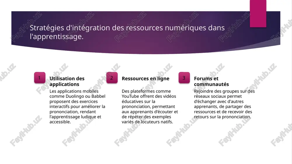 exemple, en français, l'accent québécois se distingue par des intonations uniques, tandis que l'accent du sud de la france présente des sonorités particulières et charmantes. techniques pour intégrer des nuances culturelles dans l'apprentissage. 01 contextualisation locale comprendre les coutumes et traditions locales aide à prononcer correctement les mots en tenant compte de l'accentuation et des intonations spécifiques. 02 immersion culturelle s'engager dans des échanges linguistiques avec des locuteurs natifs permet de saisir les nuances culturelles qui influencent la prononciation et l'utilisation des expressions. 03 analyse des médias écouter des chansons, regarder des films et lire des livres dans la langue cible expose aux variations phonétiques et aux accents régionaux, enrichissant ainsi votre apprentissage. exemples de phonétique contrastive: le français et l'ouzbek. 01 phonèmes clés le français et l'ouzbek possèdent des phonèmes distincts. par exemple, le son [ʁ] en français n'existe pas en ouzbek, ce qui complique l'acquisition de la prononciation. …