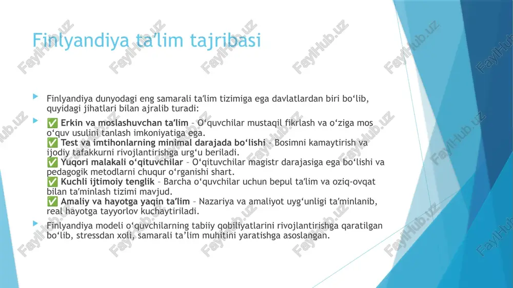 stonda tatbiq etish quyidagi yo‘nalishlarda samarali bo‘lishi mumkin: ✅ amaliy va loyihaviy ta’lim – o‘quvchilar nazariyani emas, balki real loyihalar orqali bilim olishlari kerak. ✅ texnologiyalardan foydalanish – robototexnika, dasturlash, sun’iy intellekt kabi yo‘nalishlarni rivojlantirish. ✅ o‘qituvchilarni qayta tayyorlash – pedagoglarni steam metodlari bo‘yicha o‘qitish va xalqaro tajribalarni joriy etish. ✅ maktab va universitet hamkorligi – ilmiy muassasalar va korxonalar bilan hamkorlikda amaliy mashg‘ulotlar tashkil etish. ✅ ijodiy va tanqidiy fikrlashni rivojlantirish – o‘quvchilar mustaqil tadqiqot olib borish va muammolarni yechishga o‘rgatilishi kerak. steam taʼlimining tatbiqi o‘zbekistonda innovatsion va raqobatbardosh yoshlarni tayyorlashga xizmat qiladi. raqamli taʼlim tizimini rivojlantirish zamonaviy taʼlim raqamli texnologiyalar bilan chambarchas bog‘liq bo‘lib, o‘zbekistonda raqamli taʼlimni rivojlantirish quyidagi yo‘nalishlarda amalga oshirilishi mumkin: ✅ onlayn taʼlim platformalarini kengaytirish – elektron darsliklar, virtual sinflar va masofaviy kurslarni rivojlantirish. ✅ sunʼiy intellektdan foydalanish – individual taʼlim dasturlarini yaratish va shaxsiylashtirilgan o‘qitish tizimlarini joriy etish. ✅ interaktiv va multimedia resurslar – …