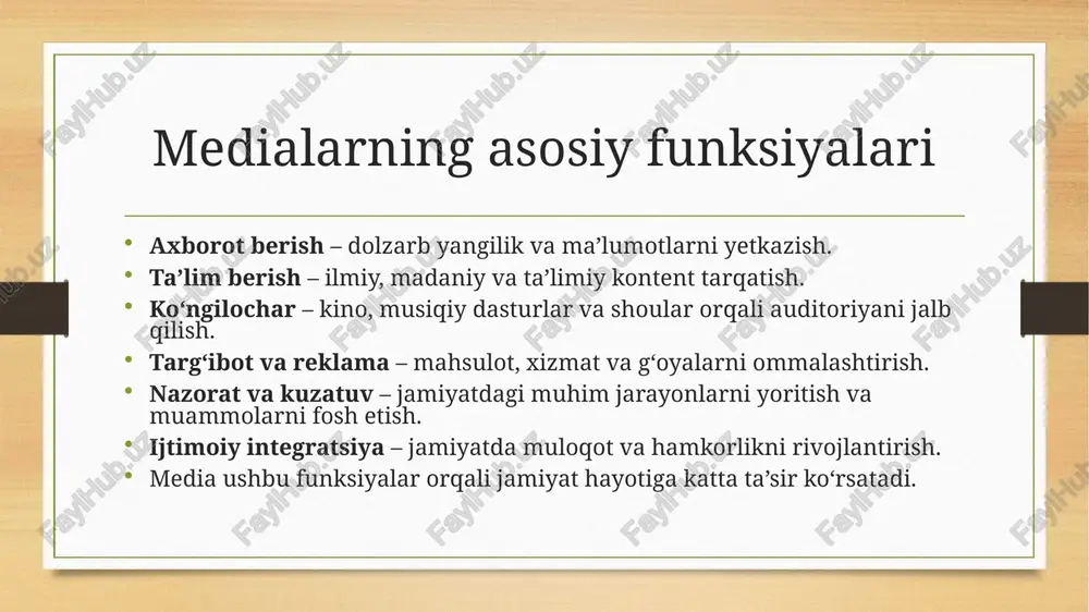 nadi. iste’molchilar qaroriga ta’sir qilish – odamlarning xarid qilish odatlariga yo‘naltirilgan axborot tarqatadi. investitsiyalarni jalb qilish – biznes va startaplar uchun yangi imkoniyatlar yaratadi. global iqtisodiy ta’sir – xalqaro media transmilliy korporatsiyalar va bozorlarga ta’sir ko‘rsatadi. media iqtisodiyotning muhim qismi bo‘lib, biznes va iste’molchilar o‘rtasidagi aloqani mustahkamlaydi. medialarning madaniy ta’siri madaniyatni targ‘ib qilish – milliy va global madaniy qadriyatlarni ommalashtiradi. turli madaniyatlar o‘rtasida muloqot – xalqaro filmlar, musiqalar va san’at asarlari orqali madaniy almashinuvni rivojlantiradi. an’analar va urf-odatlarga ta’sir – ba’zan yangi tendensiyalar milliy qadriyatlarga tahdid solishi mumkin. til va adabiyotni rivojlantirish – mahalliy va xalqaro tillarning ommaviylashishiga yordam beradi. madaniy identifikatsiyani shakllantirish – media orqali milliy o‘zlikni anglash va mustahkamlashga xizmat qiladi. media madaniyatni rivojlantirish va uni global darajada targ‘ib qilishning kuchli vositasidir. medialarning kelajagi sun’iy intellekt va avtomatlashtirish – axborot tarqatish va kontent yaratish jarayonlarini tezlashtiradi. virtual va kengaytirilgan reallik – interaktiv media tajribalarini kuchaytiradi. blokcheyn va axborot …