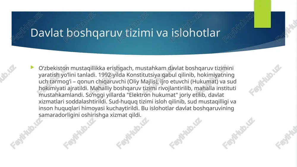 qilmoqda. demokratiya va inson huquqlari oʻzbekistonda demokratiya va inson huquqlarini himoya qilish davlat siyosatining ustuvor yoʻnalishlaridan biridir. huquqiy davlat qurilishi – qonun ustuvorligi ta’minlanib, sud-huquq tizimi isloh qilinmoqda. inson huquqlari va erkinliklari – soʻz erkinligi, gender tengligi va fuqarolik jamiyatini rivojlantirishga e’tibor qaratilmoqda. saylov tizimining demokratlashtirilishi – erkin va adolatli saylovlar oʻtkazish, fuqarolarning siyosiy jarayonda faol ishtirokini ta’minlash. jamoatchilik nazorati – nodavlat tashkilotlar va oav faoliyatini qo‘llab-quvvatlash. bu islohotlar ochiq jamiyat qurish va inson huquqlarini himoya qilishga xizmat qilmoqda. ekologik muammolar va yashil iqtisodiyot oʻzbekistonda ekologik barqarorlik va yashil iqtisodiyotga oʻtish muhim yoʻnalishlardan biri hisoblanadi. atrof-muhit muhofazasi – havo va suv ifloslanishiga qarshi kurash, chiqindilarni qayta ishlash tizimini rivojlantirish. aral dengizi muammosi – ekologik tiklash loyihalari, daraxt ekish va suv resurslarini boshqarish. yashil energetika – quyosh va shamol energetikasini rivojlantirish, ekologik toza texnologiyalarni joriy etish. qishloq xo‘jaligida ekologik yondashuv – suvni tejovchi texnologiyalar, organik dehqonchilikni rivojlantirish. bu chora-tadbirlar barqaror ekologik …
