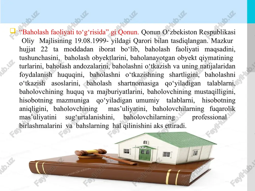 ga nisbatan mulkiy manfaatga ega bo‘lgan yoki mazkur bandda ko‘rsatilgan shaxslar bilan yaqin qarindosh yoki quda-anda bo‘lgan shaxs; buyurtmachi yoki baholashni olib borgan baholovchi tashkilot kuzatuv kengashining a’zosi, direktor yoki boshqaruv a’zosi vakolatlarini amalga oshiradigan shaxs; ustav jamg‘armasi (ustav kapitali)da baholashni olib borgan baholovchi yoki baholovchi tashkilot ulushi bo‘lgan yuridik shaxs; qonunchilikda nazarda tutilgan boshqa shaxslar. belgilansinki, davlat mulkini, shuningdek, davlat tomonidan sotib olinadigan obyektlarni baholash uchun baholovchi tashkilotni tanlash davlat xaridlari to‘g‘risidagi qonunchilikka muvofiq amalga oshiriladi. your company name or your site address your company name or your site address logo baholovchi tashkilotlarga ko‘rsatiladigan xizmatlar qiymatining 15 foizidan kam bo‘lmagan miqdordagi dastlabki to‘lovsiz xizmatlar ko‘rsatishga ruxsat berilsin. o‘zbekiston respublikasi baholovchi tashkilotlar uyushmasi hamda o‘zbekiston respublikasi baholovchilar jamiyatiga: baholovchilar va baholovchi tashkilotlar faoliyatini uslubiy ta’minlash bo‘yicha maslahatlar berishni amalga oshiradigan jamoat ekspert kengashini tuzish, shuningdek, ularning murojaatlari asosida baholash haqida hisobotlarni ko‘rib chiqish va ular bo‘yicha tavsiyalar berish; elektron tarzda …