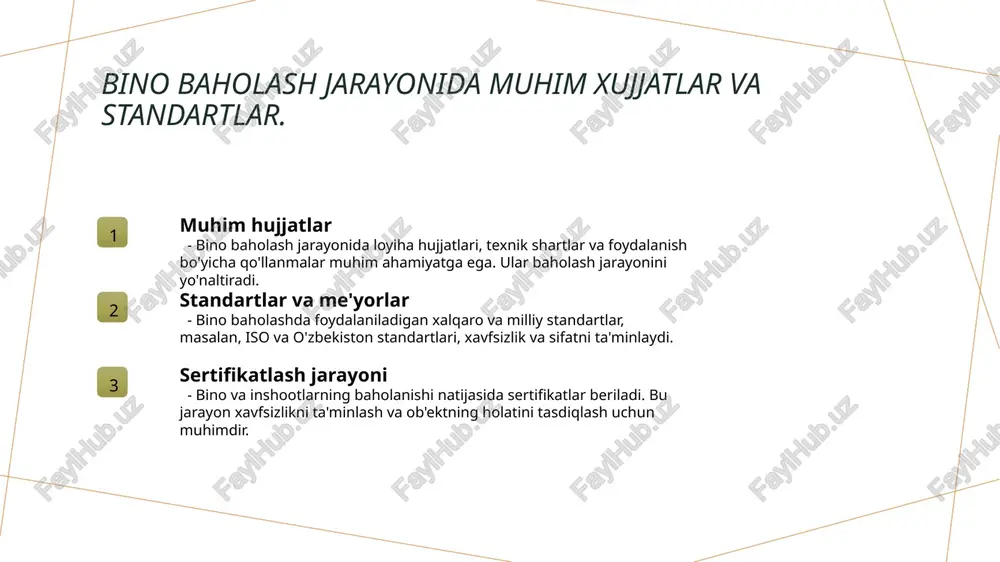 ertlarning roli. 01 mutaxassislarning vazifalari bino va inshootlarni baholashda mutaxassislar qurilish standartlari va xavfsizlik talablarini inobatga olib, jismoniy holatni aniqlaydilar. 02 baholash jarayoni ekspertlar baholash jarayonida inshootlarning ko'rinishi, konstruktsiya holati va materiallarning sifatini tahlil qilishda muhim rol o'ynaydi. 03 talablar va standartlar mutaxassislar normativ talablar asosida inshootlarni baholashda ularga muvofiq yangi standartlarni ishlab chiqishda ishtirok etadilar, bu esa xavfsizlikni ta'minlaydi. 04 ekspert fikri ekspertlarning fikri va tavsiyalari loyiha rahbarlari va boshqa mutaxassislarga inshootlarni saqlash va ta'mirlash bo'yicha qarorlar qabul qilishda yordam beradi. jismoniy yemirilishlarni aniqlashda qo‘llaniladigan metodlar. 1 normativ usullar normativ usullar, binolardagi yemirilishlarni aniqlashda belgilangan standartlarga asoslanmoqda. ular ko‘pincha davlat va xalqaro standartlarga muvofiq ishlab chiqiladi. 2 ekspert baholash ekspert baholash usullari, malakali mutaxassislar tomonidan o‘tkazilib, binolardagi yemirilishlarni aniqlashda chuqur tahlil va tajriba talab qiladi. 3 vizual tekshirish vizual tekshirish - binoning tashqi va ichki qismlarini ko‘z bilan baholash. bu usul, tez va samarali aniqlash imkonini beradi, ammo chuqur …