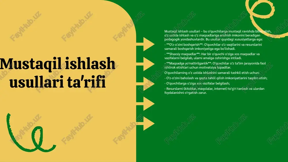 o'z ustida ishlash imkoniyatlarini kengaytiradi. ushbu jarayonni baholash, o'quvchilarning natijalarini tahlil qilish va ularning o'z ustida ishlashlari uchun zarur yo'nalishlarni belgilashda yordam beradi. o'quvchilarning o'z ustida ishlash imkoniyatlari o'quvchilarning o'z ustida ishlash imkoniyatlarini tashkil etish uchun bir nechta muhim usullarni qo'llash mumkin: - mustaqil ishlashga rag'batlantirish: o'quvchilarni individual loyihalar, tadqiqotlar va ijodiy vazifalar orqali mustaqil fikrlashga undash. bu jarayonda o'qituvchi yordam berishi va o'quvchilarga yo'l-yo'riq ko'rsatishi muhimdir. - o'z-o'zini baholash va refleksiya: o'quvchilarga o'z ishlarini baholash uchun maxsus vositalar va metodlarni taklif etish, masalan, baholash jurnallari yoki online platformalar. bu ularga o'z o'rganish jarayonlarini tahlil qilish imkonini beradi. - turli metodlardan foydalanish: o'quvchilarni faol ishtirok etishiga imkon beradigan turli dars metodlarini, masalan, guruhli muhokamalar, interaktiv o'yinlar va ko'rgazmali materiallar orqali darslarni yanada qiziqarli va samarali qilish. ushbu metodlar o'quvchilarning qobiliyatlarini rivojlantirishga yordam beradi. o'qituvchilarning roli o'qituvchilar o'quvchilarning o'z ustida ishlash imkoniyatlarini yaratishda muhim rol o'ynaydilar. ular o'quvchilarga o'z maqsadlariga erishishda …