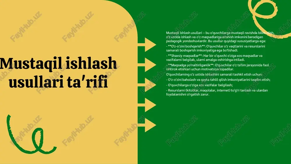 ularga dars davomida yanada faol ishtirok etishga yordam beradi. ikkinchi bosqichda o'quvchilarning faoliyatlari, masalan, guruh muhokamalari va amaliy mashg'ulotlar orqali o'zaro fikr almashishlari, ularning o'z ustida ishlash imkoniyatlarini kengaytiradi. ushbu jarayonni baholash, o'quvchilarning natijalarini tahlil qilish va ularning o'z ustida ishlashlari uchun zarur yo'nalishlarni belgilashda yordam beradi. o'quvchilarning o'z ustida ishlash imkoniyatlari o'quvchilarning o'z ustida ishlash imkoniyatlarini tashkil etish uchun bir nechta muhim usullarni qo'llash mumkin: - mustaqil ishlashga rag'batlantirish: o'quvchilarni individual loyihalar, tadqiqotlar va ijodiy vazifalar orqali mustaqil fikrlashga undash. bu jarayonda o'qituvchi yordam berishi va o'quvchilarga yo'l-yo'riq ko'rsatishi muhimdir. - o'z-o'zini baholash va refleksiya: o'quvchilarga o'z ishlarini baholash uchun maxsus vositalar va metodlarni taklif etish, masalan, baholash jurnallari yoki online platformalar. bu ularga o'z o'rganish jarayonlarini tahlil qilish imkonini beradi. - turli metodlardan foydalanish: o'quvchilarni faol ishtirok etishiga imkon beradigan turli dars metodlarini, masalan, guruhli muhokamalar, interaktiv o'yinlar va ko'rgazmali materiallar orqali darslarni yanada qiziqarli va samarali qilish. …