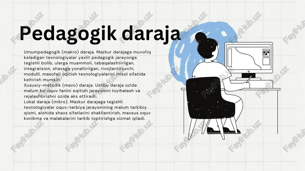 ova va boshqalar tomonidan talim sifatini yaxshilash, samaradorligini oshirish, talim oluvchilarda oqitishga bolgan qiziqishni kuchaytirish yollarini toppish yolida olib borilgan ilmiy izlanishlarda ham interfaol metodlarning amaliy ahamiyati, ularni samarali, qollash shartlari togrisida soz yuritilgan. o'rganilayotganlarni o'zlashtirishga da'vat metodi yangi metodlarni anglash metodlari o'rganilganlarni fikrlashga imkon beruvchi metodlar erkin yozish klaster aqliy hujum b-b-b chizmasi chalkashtirilgan mantiqiy zanjirlar ketma-ketligi b-b-b chizmasi. oqitish boyicha qollanma. bir-biriga orgatish. bir-biridan sorash. ikki qismli kundaliklar eng asosiy tushunchalar, takrorlash. t-chizma. kontseptual jadval. venn diagrammasi. nilufar guli. besh minutlik esse. on minutlik esse interfaol talim metodlari.interfaol talim metodlari. eviristik metodlar.eviristik metodlar. interfaol ta’lim metodlari-( lot. internus ichki, ozaro; ing.inter ozaro, ikki taraflama, akt harakat qilmoq, ish kormoq) talim jarayonida oquvchilar hamda oqituvchi ortasida hamkorlikni qaror toptirish, faollikni oshirish talim oluvchilar tomonidan bilimlarni samarali ozlashtirilishi,ularda shaxsiy sifatlarni rivojlantirishga xizmat qiladigan metodlar. zamonaviy sharoitda talim samaradorligini oshirishning eng maqbul yoli-mashgulotlarning interfaol metodlar yordamida tashkil etishekanligi etirof etilmoqda. shunga …