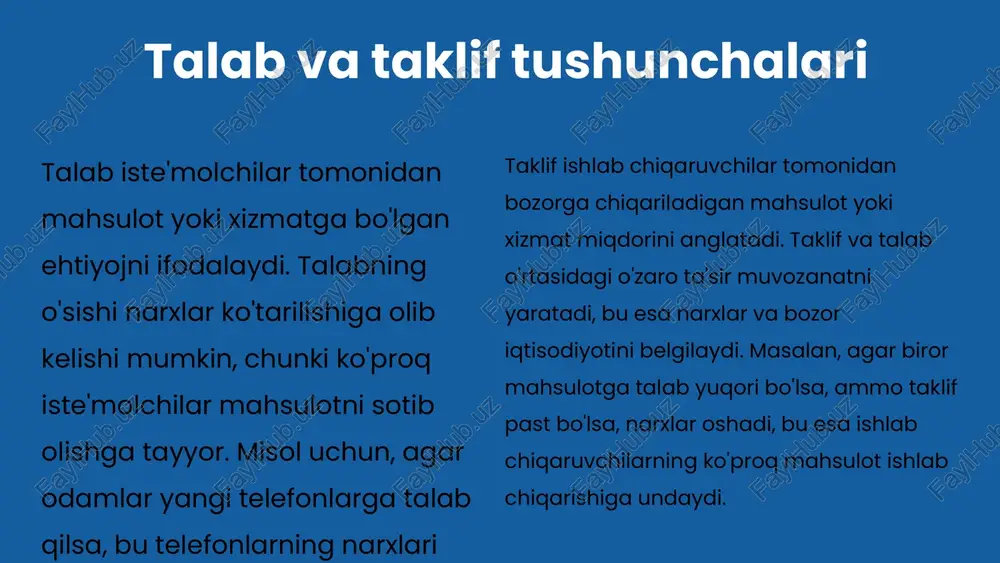 rish va innovatsion faoliyatni qo'llab-quvvatlash orqali amalga oshiriladi. natijada, iqtisodiyotning umumiy rivojlanishi va barqarorligi ta'minlanadi. xulosa va kelajakdagi yo'nalishlar raqobat muhitini yaxshilash orqali iqtisodiy o'sishni rag'batlantirish va iste'molchilar uchun yaxshiroq sharoitlarni yaratish maqsad qilingan. ijtimoiy adolatni ta'minlash, aholining barcha qatlamlari uchun teng imkoniyatlar yaratish va narxlarni nazorat qilish orqali ijtimoiy barqarorlikni saqlashga qaratilgan. innovatsiyalarga e'tibor qaratish, yangi texnologiyalarni joriy etish va iqtisodiy jarayonlarni modernizatsiya qilish orqali raqobatbardoshlikni oshirishni maqsad qiladi. ushbu yo'nalishlarning amalga oshirilishi natijasida narx siyosati samaradorligini oshirish va iqtisodiy barqarorlikni ta'minlash mumkin. 1 2 3 4 bozor muvozanati tushunchasi bozor muvozanati, talab va taklif o'rtasidagi tenglik holatini ifodalaydi. bu holat, bozor narxlari va iste'molchilarning talablarini muvozanatga keltiradi. talab va taklifning bir-biriga mos kelishi, bozor muvozanatini ta'minlaydi. agar talab taklifdan oshsa, narxlar oshadi, bu esa iste'molchilarni ko'proq mahsulot sotib olishga undaydi. aksincha, agar taklif talabdan oshsa, narxlar pasayadi, iste'molchilarning xarid qilish qobiliyati kamayadi. shuning uchun, bozor muvozanati narxlar va …