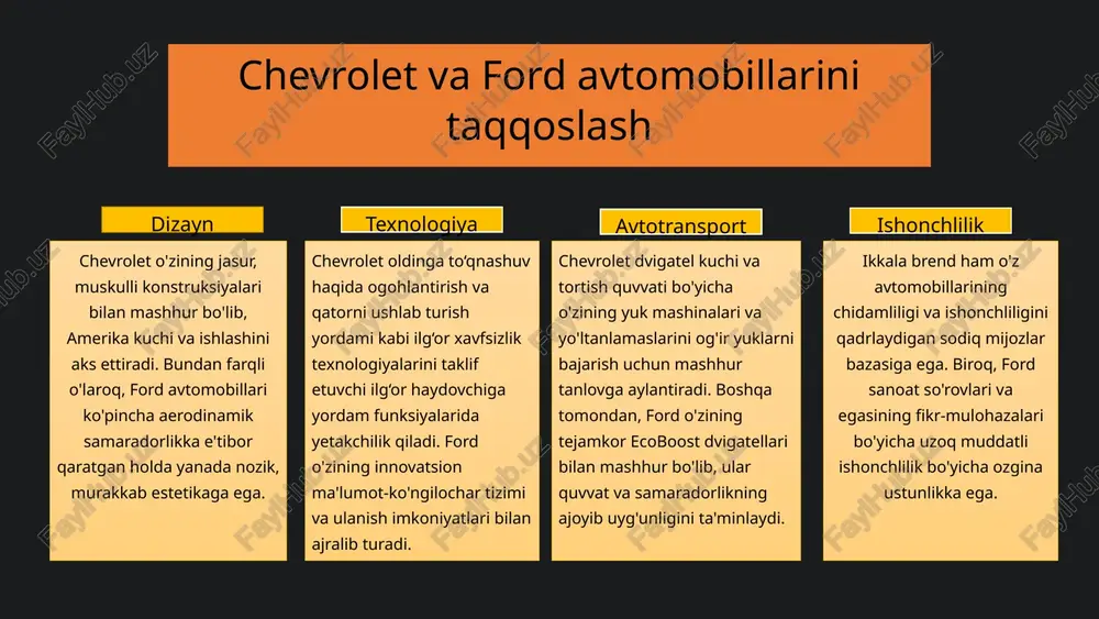 idagi uzoq yillik hukmronligi ularning kuchli brend tan olinishi, turli xil mahsulot portfellari va sodiq mijozlar bazasi bilan asoslanadi. biroq, ular sanoatning tez texnologik o'zgarishlariga va rivojlanayotgan iste'molchilar talablariga moslashishda qiyinchiliklarga duch kelishadi. chevrolet va ford o'zlarining zaif tomonlarini bartaraf etish va tahdidlarni yumshatish bilan birga elektrlashtirish va global kengayish imkoniyatlaridan foydalanish orqali sanoat yetakchilari sifatidagi mavqeini saqlab qolishlari mumkin. 11 image1.png image2.png image3.png image4.png image5.png image6.png image7.png image8.png image9.png image10.png image11.png image12.png image13.png image14.png image15.png image16.png