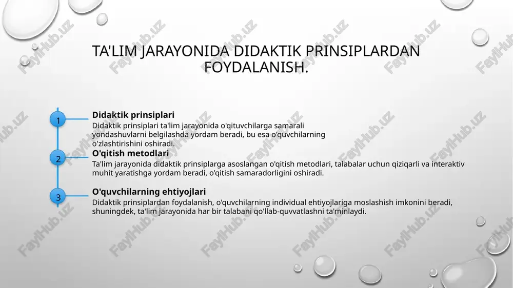 galikda hal qilishga yordam beradi. bu jarayon fikr almashish va tashkilot ko'nikmalarini rivojlantiradi. 3 ijtimoiy ko'nikmalar kolaborativ yondashuv o'quvchilarda ijtimoiy ko'nikmalarni rivojlantiradi, masalan, muloqot, hamkorlik va xulq-atvorni boshqarish. bu kelajakda muvaffaqiyatli bo'lish uchun zarurdir. madaniy kontekstda ta'lim: o'zbekiston misolida. 1 o'zbekiston ta'limi o'zbekistonda ta'lim jarayoni, an'anaviy va zamonaviy metodlarni birlashtirib, o'quvchilarning madaniyati va ehtiyojlarini hisobga oladi. 2 madaniyat va ta'lim ta'limda madaniy kontekst, milliy qadriyatlar va an'analarning o'rni muhimdir, bu o'quvchilarning shaxsiy rivojlanishiga yordam beradi. 3 innovatsion yondashuvlar o'zbekistonda ta'limda innovatsion texnologiyalar va metodlardan foydalanish, madaniy kontekstni inobatga olib, samaradorlikni oshirishga xizmat qiladi. ta'lim jarayonida madaniy qiymatlarning roli. madaniy qadriyatlar madaniy qadriyatlar ta'lim jarayonida o'quvchilarga o'z xalqining an'analari va urf-odatlarini o'rganish imkonini beradi, ularni tarbiyalashda muhim rol o'ynaydi. ta'lim va madaniyat ta'lim jarayonida madaniyat o'quvchilarning fikrlash uslubini, darslarga yondashuvini va ijtimoiy munosabatlarini shakllantiradi, bu esa o'qitishning samaradorligini oshiradi. madaniyat va innovatsiya madaniy kontekstda ta'lim innovatsion g'oyalar bilan boyitiladi. mahalliy madaniyat …