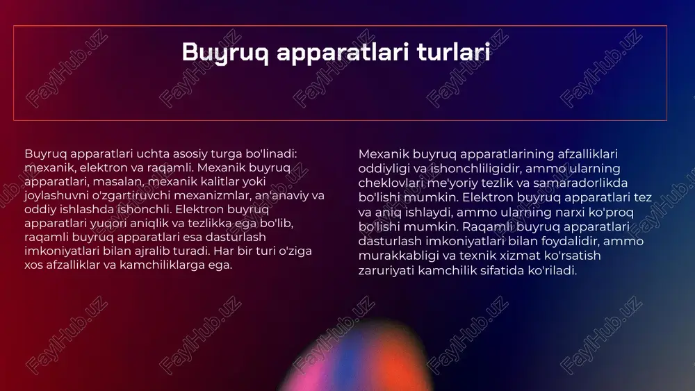 i oshirishga yordam beradi. yuqori xarajatlar biroq, yangi texnologiyalarni joriy etish yuqori xarajatlarni talab qiladi. bu kichik va o'rta bizneslar uchun qiyinchiliklar tug'dirishi mumkin, chunki ular bunday investitsiyalarni olishda shubha qilishadi. bozorni kengaytirish bozorni kengaytirish imkoniyatlari mavjud, chunki zamonaviy buyruq apparatlari ko'proq sohalarga kirishga tayyor. innovatsiyalar yordamida yangi iste'molchilarni jalb qilish mumkin. raqobatning kuchayishi raqobatning kuchayishi, ayniqsa, texnologiyalarni tezda o'zlashtiruvchi raqobatchilar tomonidan biznes uchun tahdidlarga olib kelishi mumkin. boshqa kompaniyalar ham yangi echimlar taklif qilishni boshlasa, bozor ulushini yo'qotish xavfi mavjud. s o w t xulosa va tavsiyalar buyruq apparatlarining ahamiyati buyruq apparatlari kelajakda innovatsion texnologiyalarni amalga oshirishda muhim rol o‘ynaydi. ular ish jarayonlarini soddalashtirib, samaradorlikni oshiradi va resurslarni tejashga yordam beradi. tavsiyalar 1. buyruq apparatlarini ishlab chiqishda xavfsizlikni ta'minlash. 2. texnologik yangiliklarga moslashish va o'qitish tizimlarini rivojlantirish. 3. ilg‘or tajribalarni o‘rganish va ulardan foydalanish. 4. mijozlar ehtiyojlarini inobatga olish orqali xizmat ko‘rsatishni yaxshilash. izlanishlar va innovatsiyalar izlanishlar va innovatsiyalar …