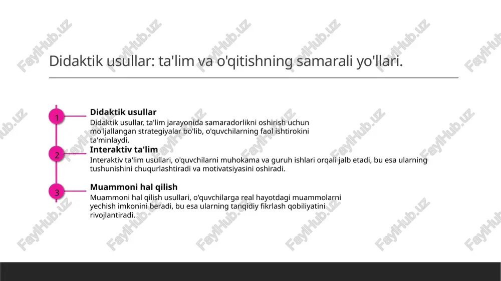bu kelajakda muvaffaqiyatli bo'lish uchun zarurdir. madaniy kontekstda ta'lim: o'zbekiston misolida. 1 o'zbekiston ta'limi o'zbekistonda ta'lim jarayoni, an'anaviy va zamonaviy metodlarni birlashtirib, o'quvchilarning madaniyati va ehtiyojlarini hisobga oladi. 2 madaniyat va ta'lim ta'limda madaniy kontekst, milliy qadriyatlar va an'analarning o'rni muhimdir, bu o'quvchilarning shaxsiy rivojlanishiga yordam beradi. 3 innovatsion yondashuvlar o'zbekistonda ta'limda innovatsion texnologiyalar va metodlardan foydalanish, madaniy kontekstni inobatga olib, samaradorlikni oshirishga xizmat qiladi. ta'lim jarayonida madaniy qiymatlarning roli. madaniy qadriyatlar madaniy qadriyatlar ta'lim jarayonida o'quvchilarga o'z xalqining an'analari va urf-odatlarini o'rganish imkonini beradi, ularni tarbiyalashda muhim rol o'ynaydi. ta'lim va madaniyat ta'lim jarayonida madaniyat o'quvchilarning fikrlash uslubini, darslarga yondashuvini va ijtimoiy munosabatlarini shakllantiradi, bu esa o'qitishning samaradorligini oshiradi. madaniyat va innovatsiya madaniy kontekstda ta'lim innovatsion g'oyalar bilan boyitiladi. mahalliy madaniyat o'quvchilarga ijodiy va tanqidiy fikrlashni rivojlantirishga yordam beradi. o'qitish usullarining madaniy kontekstga moslashuvi. 01 madaniy kontekstga moslashuv o'qitish usullarining madaniy kontekstga moslashuvi, ta'lim jarayonida mahalliy madaniyat va qadriyatlarni …