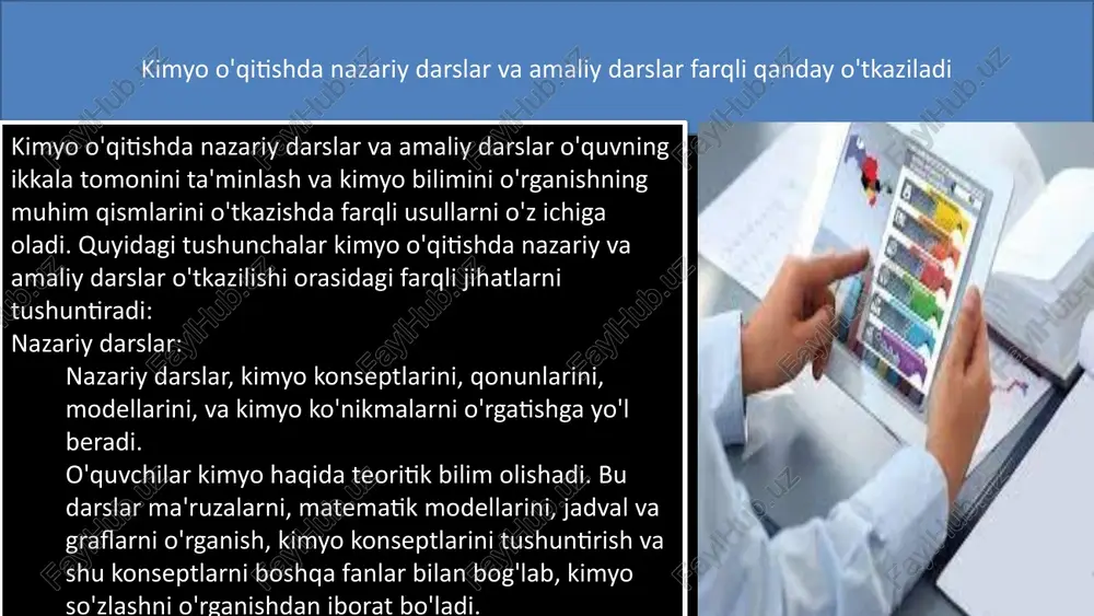 xnologiyalari ham qo'llanilishi mumkin. bu texnologiyalar online ta'lim platformalari, ta'lim dasturlari, web-saytlar va mobil ilovalarni o'z ichiga oladi. o'quvchilar uchun interaktiv vazifalar, online testlar, va elektronik qo'llanmalar mavjud bo'lib, kimyo o'rganishni osonlashtiradi. qo'llanmalar va resurslar: kimyo o'qitishdagi muhim qo'llanmalar, kimyo darsliklari, laboratoriya qo'shimchalari va kimyo tadqiqotlari uchun boshqa resurslarga, masalan, elektronik darsliklarga, laboratoriya protseduralariga va boshqa kimyo o'qitish materiallariga o'tkazib beradi. this presentation uses a free template provided by fppt.com www.free-power-point-templates.com kimyo o'qitishda o'quvchilarni amaliyotda qanday ma'lumot olishadi? amaliyotni tayyorlash: o'quvchilar o'zlashtirishlarni olish uchun amaliyotni tayyorlashdan o'rganishadi. bu, uskunalar, laboratoriya o'lchovlari, kimyo reagentlari, laboratoriya qurilmalari, va boshqa kerakli materiallar bilan ta'minlashni o'z ichiga oladi. amaliyotni bajarish: o'quvchilar o'zlarini kimyo amaliyotlarini bajarish orqali o'rganishlari uchun o'quvchilar laboratoriya ishlari va kimyo amaliyotlarini bajarishlari mumkin. bu amaliyotlar laboratoriya o'quvchilari o'zlashtirishlarini ko'rish va ta'lim olishgan bilimlarni amalda tushuntirishlari uchun juda muhimdir. this presentation uses a free template provided by fppt.com www.free-power-point-templates.com 11 foydalanilgan adabiyotlar …