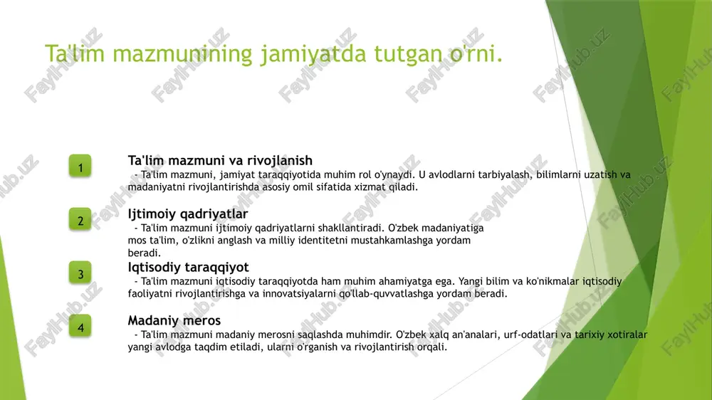 iga xos boylik kiritadi va ko'plab metodlarga asos bo'ladi. integratsiya jarayoni o'zbek ta'lim tizimi global ta'lim tendensiyalari bilan integratsiyalashgan holda, talabalarni xalqaro standartlarga mos ravishda tayyorlashga qaratilgan. ta'lim materiallarining ta'rifi va ahamiyati. ta'lim materiallarining ta'rifi ta'lim materiallari - bu o'quv jarayonida foydalaniladigan kitoblar, qo'shimchalar, video va boshqa materiallardir. ular o'qituvchilar va talabalar uchun kerakli bilimlarni taqdim etadi. ta'lim materiallarining ahamiyati ta'lim materiallari o'quv jarayonini samarali ravishda tashkil etish uchun muhimdir. ular talabalarni motivatsiya qiladi va bilimlarni chuqurroq o'zlashtirishga yordam beradi. innovatsion yondashuvlar zamonaviy ta'lim materiallari innovatsion texnologiyalarni o'z ichiga oladi. bu, interaktiv va ko'p funksiyali materiallar orqali o'zlashtirish jarayonini yaxshilaydi. pedagogik yondashuvlar: o'zbek ta'lim tizimida. 01 an'anaviy yondashuvlar o'zbek ta'lim tizimida an'anaviy yondashuvlar o'quvchilarni tarbiyalash va bilim berish jarayonida muhim ahamiyatga ega. bu usulda o'qituvchi asosiy rolni o'ynaydi. 02 innovatsion metodlar zamonaviy ta'limda innovatsion metodlar o'quv jarayonini jonlantirish va samaradorligini oshirishga qaratilgan. interaktiv darslar va texnologiyalar keng qo'llaniladi. 03 talabaga …