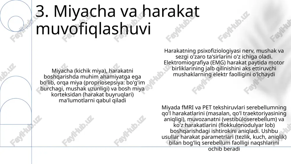 priosepsiyadagi xatolar ataksiyada namoyon boʻladigan, muvozanat va koordinatsiyaga taʼsir qiluvchi motor nazoratining buzilishiga olib keladi; reabilitatsiya proprioseptiv xabardorlikni qayta oʻrgatishga urgʻu beradi. harakatning neyrologik, mushak va psixologik jihatlarini birlashtiradi; emg mushak faolligini o'lchab, muvofiqlashtirish, vaqtlashtirish va kuch hosil qilishni ko'rsatadi; miya tasvirlari (eeg, fmri) harakatni rejalashtirish va bajarish jarayonidagi korteks faolligini ochib beradi. muskul tolalari, intrafusal tolalar ia & ii afferentlari, golgi tendon organlari (gto) propriosepsiyaga: bo'g'im holatini sezish (kinezis), muskul uzunligi va kuchining teskari aloqasi motor nazorati uchun muhim; ia afferentlari ii ga nisbatan tezroq, golgi tendon organlari kuchlanishni sezadi. 12. muskul shpindallari va propriosepsiya harakatning psixofiziologiyasi eeg, emg va xulq-atvor baholari bilan bazal ganglionlar (bg) faoliyatini birlashtiradi parkinson kasalligida motor simptomalarni yaxshilash uchun globus pallidus internus yoki subtalamik yadroga chuqur miya stimulyatsiyasi (chms) qo'llaniladi. fmri va pet tadqiqotlari turli harakatlar (masalan, yetish, ushlash) paytida bz faolligini xaritalash orqali bz tarmog'idagi mintaqaviy ixtisoslashuvni aniqlaydi bazal ganglionlar (bg), shu jumladan …