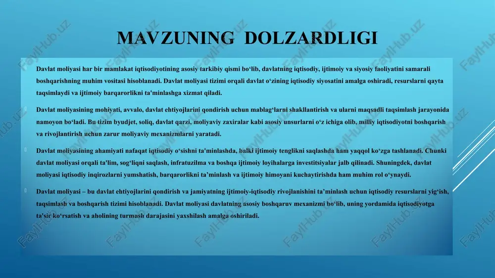 iyozlari va maxsus iqtisodiy zonalar orqali investorlar uchun qulay sharoitlar yaratilmoqda. davlat qarzini boshqarish davlat qarzlarining maqsadli va samarali ishlatilishi iqtisodiy barqarorlikni saqlashning muhim shartidir. o‘zbekiston davlat qarzini cheklash bo‘yicha qat’iy siyosat olib bormoqda. bandlikni oshirish iqtisodiy barqarorlikni ta’minlashda yangi ish o‘rinlarini yaratish va bandlik darajasini oshirish katta ahamiyatga ega. davlat moliyasi bandlik dasturlarini moliyalashtirishda muhim o‘rin tutadi. o‘zbekiston iqtisodiy barqarorlikni ta'minlash bo‘yicha bir qator islohotlarni amalga oshirmoqda. bunga quyidagilar kiradi: soliq tizimi islohotlari soliqlarni soddalashtirish va soliq yukini kamaytirish orqali iqtisodiy faollikni rag‘batlantirish. soliq imtiyozlari bilan kichik biznes va tadbirkorlikni qo‘llab-quvvatlash. raqamli iqtisodiyotga o‘tish elektron hukumat tizimlari va raqamlashtirish orqali moliyaviy boshqaruv samaradorligini oshirish. davlat xizmatlarini raqamlashtirish orqali iqtisodiy resurslarni tejash. inflyatsiyani kamaytirish bo‘yicha chora-tadbirlar markaziy bankning pul-kredit siyosati narxlar barqarorligini ta'minlashga yo‘naltirilgan. mahalliy ishlab chiqarishni rivojlantirish orqali importga qaramlikni kamaytirish. energetika va infratuzilma loyihalari yirik infratuzilma loyihalariga investitsiyalar yo‘naltirish orqali iqtisodiy o‘sish sur’atlarini ta'minlash. energiya samaradorligini oshirish va …