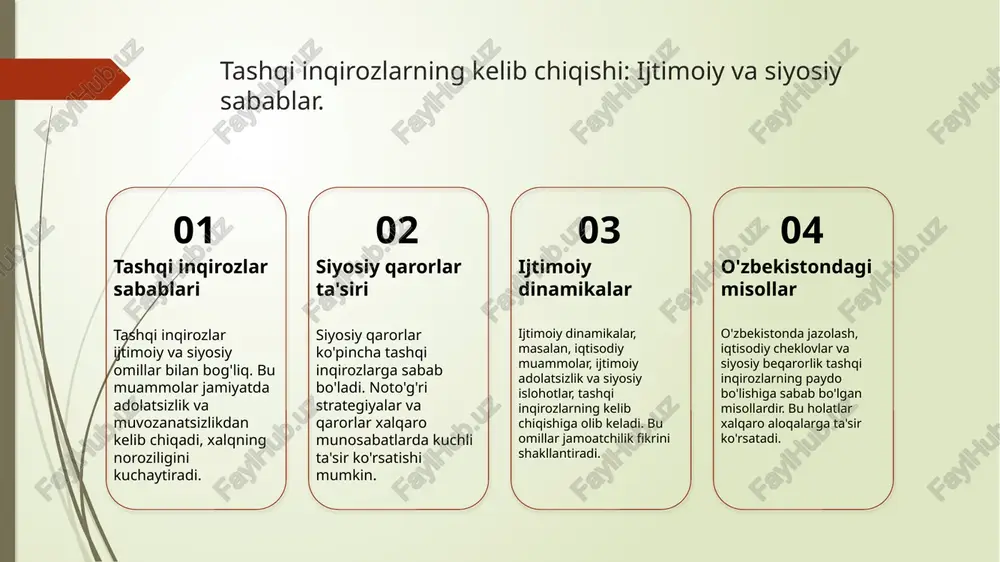 ni keltirib chiqaradi, bu esa mamlakat ichidagi siyosiy qarorlarni shakllantirishda muhim rol o'ynaydi. ijtimoiy omillar va boshqariladigan insidentlar o'rtasidagi bog'lanish. ijtimoiy omillar ijtimoiy omillar, masalan, iqtisodiy farovonlik, ta'lim, va madaniyat, boshqariladigan insidentlar rivojlanishida muhim rol o'ynaydi. boshqariladigan insidentlar boshqariladigan insidentlar, davlat va jamiyat orasidagi munosabatlarni ta'sir etuvchi, nazorat ostida bo'lgan vaziyatlardir. ular turli sabablarga ko'ra yuzaga keladi. o'zaro ta'sir ijtimoiy omillar va boshqariladigan insidentlar o'rtasidagi o'zaro ta'sir, ijtimoiy barqarorlik va siyosiy boshqaruvga ta'sir ko'rsatadi, bu esa muhim natijalarni keltirib chiqaradi. misollar va tahlil o'zbekistonda yuzaga kelgan boshqariladigan insidentlar, ijtimoiy omillar ta'siri ostida, qiyinchiliklar va imkoniyatlar yaratadi, buni tahlil qilish zarur. boshqariladigan insidentlarni strategik boshqarish usullari. 01 strategik rejalashtirish boshqariladigan insidentlarni muvaffaqiyatli boshqarish uchun strategik rejalashtirish muhimdir. bu, resurslardan samarali foydalanish va real vaqt rejimida qarorlar qabul qilishni ta'minlaydi. 02 tezkor javob berish tezkor javob berish tizimlari, insidentlar paytida muammolarga tezda yechim topishga yordam beradi. bu, xavf-xatarlarni kamaytiradi va vaziyatni barqarorlashtiradi. …