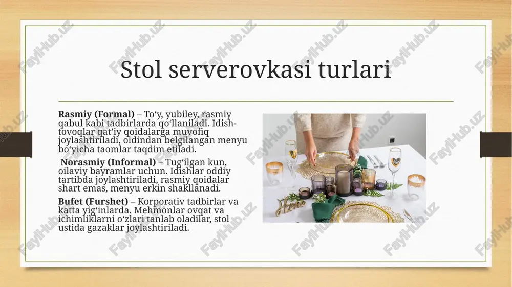 bir turiga qarab choy yoki qahva. shirinliklar – tort, pirojniy, mevalar yoki milliy shirinliklar mehmonlarga bayramona kayfiyat baxsh etadi. menyu mehmonlarning didi va parhez talablarini hisobga olgan holda tuzilishi kerak. xilma-xil taomlar va ichimliklar bayram dasturxonini yanada jozibador qiladi. bufet va furshet uslubida stol bezatish bufet va furshet uslubida stol bezatish rasmiy va norasmiy tadbirlar uchun mos keladi. bu uslubda mehmonlar o‘zlari taom va ichimliklarni tanlab oladilar, shuning uchun qulay va tartibli joylashtirish muhim hisoblanadi. asosiy tamoyillar: stol ustiga barcha taom va ichimliklar tartibli joylashtiriladi. har bir taom uchun alohida idish va maxsus xizmat qiluvchi qoshiq yoki vilka qo‘yiladi. ichimliklar burchakka yoki alohida stolga joylashtiriladi. stollar ortiqcha bezaksiz, ammo estetik jihatdan jozibador bo‘lishi kerak. mehmonlarning erkin harakatlanishiga imkon yaratish uchun joylashuv qulay bo‘lishi lozim. furshet va bufet uslubida ovqatlanish erkinligi ta’minlanib, samimiy va qulay muhit yaratiladi. stol serverovkasida odob qoidalari stol serverovkasi chiroyli va qulay bo‘lishi bilan birga, odob qoidalariga …