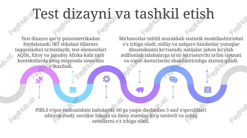 a savodxonlik rivojlanishining nevrologik korrelyatlarini o'rganib, kelajakdagi baholash dizayniga ta'sir ko'rsatishi mumkin. pirls 2026 sun'iy intellekt yordamida testlar yaratish va moslashuvchan sinovlarni qo'llagan holda, raqamli baholash komponentlarini kengaytiradi, 50 dan ortiq mamlakatda 4-sinf o'quvchilarining o'qish savodxonligini sharqiy osiyo va lotin amerikasi kabi hududlarda tahlil qiladi. pirls umumiy ko'rinishi 01 02 03 baholash o'qishni tushunish, lug'at boyligi va o'qish strategiyasini o'z ichiga oladi; tekshiriladigan aniq kognitiv ko'nikmalarga xulosa chiqarish, umumlashtirish va ma'lumotni birlashtirish kiradi pirls (progress in international reading literacy study) dunyo bo'ylab 4-sinf o'quvchilarining o'qish savodxonligini baholaydi; 2001 yildan beri ~50 mamlakatdan ma'lumotlar yig'ilib, o'qish yutuqlari bo'yicha taqqoslash tahlillari o'tkaziladi pirls turli o'quvchi guruhlarini qamrab olish uchun qatlamli namunalanish dizaynidan foydalanadi; timss & pirls xalqaro tadqiqot markazi (boston kolleji) dasturni boshqaradi; natijalar jahon miqyosida ta'lim siyosati va amaliyotiga ta'sir ko'rsatadi; o'quv dasturlari va o'qituvchilarni tayyorlashga ta'sir qiladi. sales 1st qtr 2nd qtr 100 0 sales 1st qtr 2nd qtr 100 …