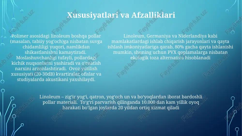 smolalar. chiqindilarni yotqizish joylari qoplamalari va boshqa qo'llanmalarda yuqori zichlikdagi polietilen (hdpe) ishlatiladi polimerlar: monomer deb ataluvchi mayda qaytaruvchi birliklardan hosil bo'lgan yirik molekulalar (makromolekulalar); misol uchun, polietilen (pe), polipropilen (pp), polivinilxlorid (pvc), global miqyosda son-sanoqsiz qo'llaniladi. ishlab chiqarish qo'shilish yoki kondensatsiyalanish polimerizatsiyasi kabi jarayonlarni o'z ichiga oladi, turli xil material xususiyatlarini yaratadi. linoleum qo'llanilishi polimer qurilish materiallari, jumladan pvx, polietilen va polipropilen, qurilishga katta ta'sir ko'rsatadi. pvx quvurlar butun dunyo bo'ylab sanitariya-texnika tizimlarida ustunlik qiladi (60-70% bozor ulushi), polietilen plyonkalar esa gidroizolyatsiyada muhim ahamiyatga ega (tom yopishda 30-40% foydalanish) linoleum - zig'ir yog'i, qatron, yog'och un va bo'yoqlardan tayyorlangan bardoshli pollar materiali turli joylarda qo'llaniladi: uy-joylarda (20-30%), tijorat binolarida (ofislar, 15-25%) va sanoat maydonlarida (zavodlar, 5-10%) bio-asosli tarkibi va chidamliligi tufayli linoleumning barqaror qurilishdagi qo'llanilishi ortib bormoqda. materialning qayta ishlanishi (jahon bo'yicha 5-15%) o'rganilmoqda linoleumning kelajakdagi tendentsiyalari bio-asosli linoleum va qayta ishlangan polimer kompozit materiallar (2030-2040) skandinaviya va germaniya …