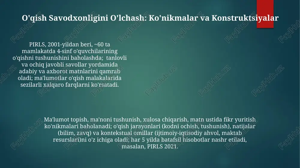 tiq davlatni qamrab oldi, 4-sinf o'quvchilarining o'qish savodxonligini raqamli va qog'ozli testlar orqali, raqamli savodxonlikka alohida e'tibor qaratgan holda baholadi. ieaning gamburgdagi ofisi ma'lumotlar tahlili va hisobotni nashr etishni muvofiqlashtirdi. iea (xalqaro ta'lim yutuqlarini baholash assotsiatsiyasi) tomonidan 1991-yilda boshlangan pirls dasturi dastlab 31 mamlakatning 4-sinf o'quvchilarining o'qishni tushunish ko'nikmalarini qog'oz testlar yordamida baholagan. dastlabki uchrashuvlar amsterdamda bo'lib o'tgan. e'tiboringiz uchun rahmat @taqdimot_robot image1.png image2.png image3.png image4.png image5.png image6.png image7.png image8.png image9.png image10.png