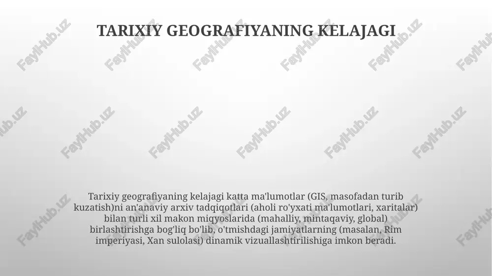 amda genetik ma'lumotlarni bog'laydi. tishlardagi izotop tahlillari (masalan, strontium izotoplari) orqali inson migratsiyasi yo'llarini kuzatish afrika-yevrosiyo kabi qit'alar bo'ylab tarixiy oldingi harakatlarni (miloddan avvalgi 30 000-10 000 yillar) ochib beradi va arxeologik joylarni hamda genetik ma'lumotlarni bog'laydi. shahar tarixi va fazoviy o'zgarishlar tarixiy geografiya miqdoriy va sifatli usullar yordamida vaqt o'tishi bilan fazoviy naqshlarni (masalan, 18-asr fransiyasidagi qishloq xo'jaligi tizimlari, appalachi tog'laridagi konchilik aholi punktlari) va jarayonlarni o'rganadi shahar landshaftlarini shakllantiruvchi jarayonlarni tushunish. tarixiy kontekstda fazoviy tahlil geosiyosat va tarixiy kuch dinamikasi geosiyosat kuch dinamikasini o'rganadi: 18-asr mustamlaka imperiyalarining (britaniya hindistoni, fransiya indo-xitoy) geografik tarqalishi, resurslar nazoratiga (fors ko'rfazidagi neft, 20-asr sovuq urushi) ta'siri, zamonaviy milliy davlatlarning shakllanishiga (ikkinchi jahon urushidan keyingi germaniyaning bo'linishi, sharqiy yevropada sovet ta'siri) ta'sir ko'rsatadi. maqsadlar: qudrat almashinuvini xaritalash (19-asr britaniya dengiz ustunligi, 21-asr xitoyning yuksalishi), tarixiy voqealarning fazoviy ifodalarini tahlil qilish (versal shartnomasi va yevropa chegaralarining qayta chizilishi) hamda siyosiy qarorlarning uzoq muddatli oqibatlarini …