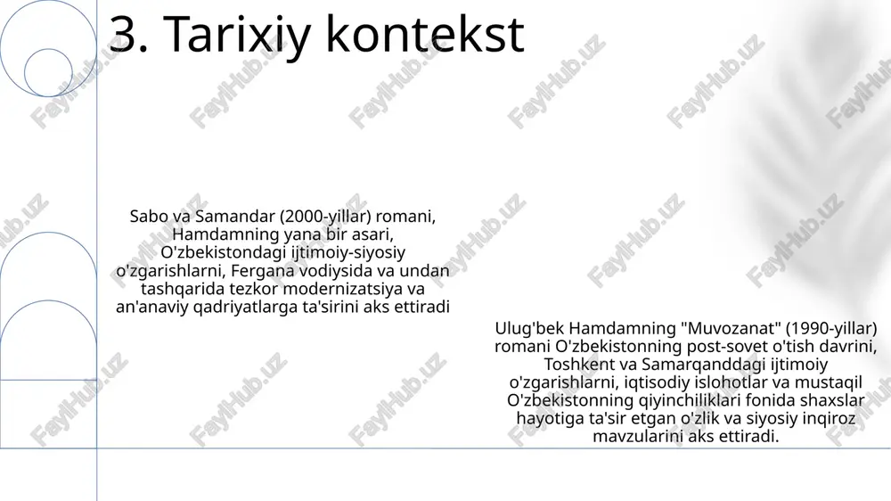 ) va sonlardan (3 – to'liqlik, 7 – ma'naviyat) – foydalanib, o'zbekistonning ijtimoiy-siyosiy manzarasida qatlamli ramziy ma'nolar yaratadi; hamdam 1990-yillardagi post-sovet o'zbekistonida shaxs, erkinlik va insoniyat ahvoli mavzusini o'rganadi. muvozanat (balans) tarozi ramziy tasviri orqali jamiyat muvozanatini (masalan, 1990-yillardagi toshkentdagi sinfiy tafovutlarni) aks ettiradi, minglab odamlar hayotiga ta'sir etgan ikki qarama-qarshi kuchning kurashlarini ko'rsatadi. qahramonlarning sarguzashtlari ramziy ma'noda o'zbekistonning post-sovet davridagi o'tishini aks ettirib, uchta ijtimoiy qatlamni namoyon qiladi. sabo va samandar (cho'l va okean) cho'lning qattiqligi (ijtimoiy cheklovlar) va okeanning kengligi (cheksiz imkoniyatlar) o'rtasidagi qarama-qarshi metaforalarni qo'llaydi. 7 raqami (ruhiy kamol) 20-asr markaziy osiyo hayotidagi qiyinchiliklar bilan qarama-qarshi keladi. qizilqum cho'li kabi geografik joylar yolg'izlik va qiyinchilikni anglatadi. 11. ramziy va majoziy ma'nolar qo'llanilishi sabo va samandar (to'g'on va dengiz) metafora (to'g'on – jamiyat cheklashlari, dengiz – ozodlik), tasvirlar (o'zbekiston farg'ona vodiysining jonli tasvirlari) va ko'p qirrali hikoya qilish uslubini (samarqand va buxoroda voqealarga ta'sir etuvchi qahramonlarning turli nuqtai …