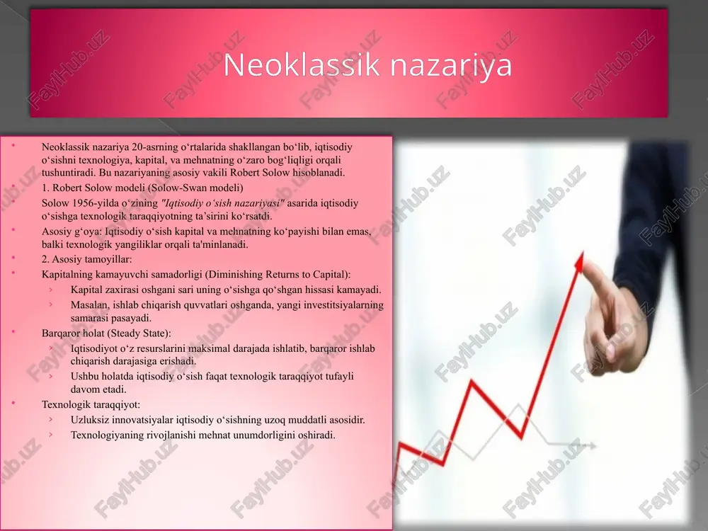 gini oshirish. mamlakatlar o‘rtasidagi farqlarni tushuntirishda foydalaniladi (masalan, rivojlanayotgan va rivojlangan mamlakatlar). iqtisodiy siyosatni ilmiy asoslash uchun platforma yaratadi. zamonaviy qo‘llanilishi endogen o‘sish nazariyasi asosida davlatlar innovatsion markazlar, startap ekotizimlari, va ta’lim tizimlarini rivojlantirish strategiyalarini ishlab chiqmoqda. u iqtisodiyotda raqamli transformatsiya va innovatsion iqtisodiyot kontseptsiyalarini shakllantirishga xizmat qilmoqda. endogen o‘sish nazariyasi iqtisodiy rivojlanishda ichki resurslardan samarali foydalanish va innovatsiyalarni rag‘batlantirishning ahamiyatini ta’kidlaydi. barqaror iqtisodiy o‘sish nazariyasi barqaror iqtisodiy o‘sish nazariyasi iqtisodiy rivojlanishni uzoq muddatli istiqbolda ekologik, ijtimoiy, va iqtisodiy jihatdan muvozanatda saqlashga qaratilgan. bu nazariya iqtisodiy o‘sishni cheklangan tabiiy resurslar va ekologik cheklovlarni hisobga olgan holda amalga oshirishni ta’kidlaydi. 1. nazariyaning mohiyati: barqaror iqtisodiy o‘sishning asosiy g‘oyasi – hozirgi avlod ehtiyojlarini qondirgan holda, kelgusi avlodlar imkoniyatlarini xavf ostiga qo‘ymaslik. iqtisodiyot, ekologiya, va jamiyat o‘rtasida muvozanatni ta’minlash zarur. 2. barqaror o‘sishning tamoyillari: ekologik barqarorlik: tabiiy resurslardan oqilona foydalanish. atrof-muhitga zarar yetkazmasdan ishlab chiqarish va iste’mol jarayonlarini tashkil qilish. ijtimoiy barqarorlik: ijtimoiy …