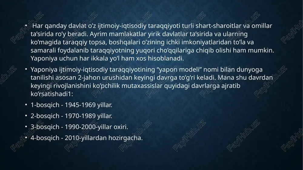 va texnologiyalarga sarmoya kiritishni maqsad qilgan. shu bilan birga, yaponiya sun'iy intellekt, 5g texnologiyalari va boshqa innovatsiyalarni rivojlantirishga alohida e'tibor qaratmoqda. yashil energetika va iqlim o'zgarishi: yaponiyaning 2050-yilgacha karbon chiqindilarini nolga tushirish maqsadi mavjud. bu yo'nalishda yaponiya toza energiya ishlab chiqarishni rag'batlantirish, ko'mir va neftga bo'lgan bog'liqlikni kamaytirish hamda iqlim o'zgarishiga qarshi kurashishda texnologik yechimlarni joriy etishga intilmoqda. mehnat bozoridagi islohotlar: yaponiyada ishchi kuchining kamligi va yoshlar orasida ish o'rinlarining etishmasligi muammosi mavjud. shu sababli, hukumat yoshlarni va ayollarni mehnat bozoriga jalb qilishga qaratilgan siyosatlarni amalga oshirmoqda. bu siyosatlar o'z ichiga ish joylarini moslashtirish, moslashuvchan ish rejimlarini yaratish va keksalarga xizmat ko'rsatish tizimini rivojlantirishni o'z ichiga oladi. xalqaro savdo va iqtisodiy integratsiya: yaponiyaning iqtisodiy modeli global savdo bilan ham chambarchas bog'liq. yaponiya apec, tpp va boshqa mintaqaviy savdo tashkilotlarida faol ishtirok etib, o'zining eksport salohiyatini oshirishga va global iqtisodiy o'zgarishlarga moslashishga harakat qilmoqda. bu strategiya yaponiyaning o'z iqtisodiy pozitsiyasini saqlab …