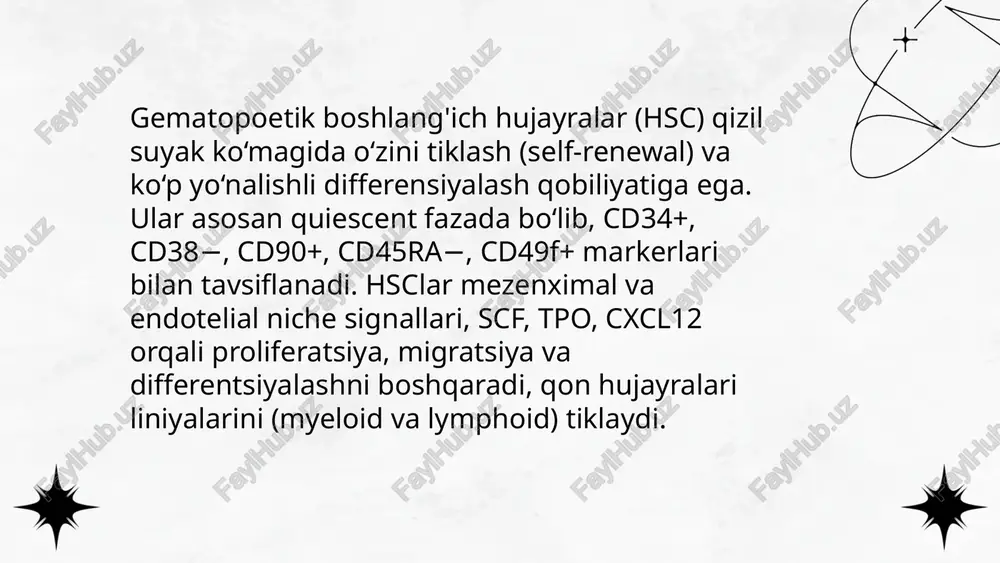 signallari hsc nichesini faollashtiradi va hsc mobilizatsiyasini oshiradi, miyelopoez ortadi, eritropoez kamayadi. nf-κb yo‘li, ros va proinflamatuar mediatorlar stromal va endotelial hujayralarni o‘zgartirib angiogenez va fibrrozni rag‘batlantiradi. surunkali yallig‘lanishda regeneratsiya buzilishi, msc disfunktsiyasi va t-reg muvozanatining tiklanishi zarur. qizil suyak ko'migi va uning regenratsiyasi .. e'tiboringiz uchun raxmat! image1.png image2.jpg image3.png image4.png image5.jpg image6.png image7.jpg image8.jpg image9.jpg image10.jpg /docprops/thumbnail.jpeg