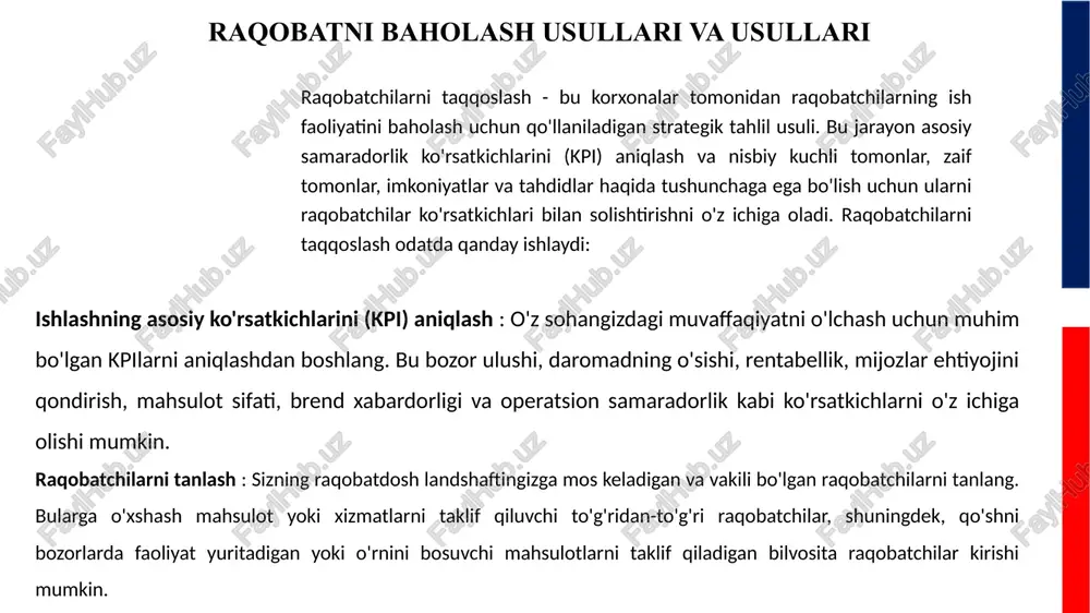 taqalar yoki sektorlar ichida kuchli va zaif tomonlarini aniqlashga yordam beradi, raqobatbardoshlikni oshirish strategiyalarini belgilaydi. makroiqtisodiy darajada milliy yoki global raqobatbardoshlikni baholash makroiqtisodiy barqarorlik, savdo ochiqligi, texnologik murakkablik va institutsional sifat kabi omillarni o'z ichiga olgan kengroq ko'rsatkichlar to'plamini talab qiladi. global raqobatbardoshlik indeksi va jahon iqtisodiy forumining raqobatbardoshlik hisoboti kabi indekslar keng qamrovli baholashni ta'minlaydi, mamlakatlararo taqqoslash va siyosatni taqqoslashga yordam beradi. raqobatbardoshlikni baholash metodologiyalari ma'lumotlar tahlili, mashinani o'rganish va murakkablik nazariyasidagi yutuqlarni o'z ichiga oluvchi rivojlanishda davom etmoqda. katta ma'lumotlar tahlili raqobatbardoshlikka tegishli naqsh va korrelyatsiyalarni aniqlash uchun katta ma'lumotlar to'plamini o'rganish imkonini beradi, murakkablik nazariyasi esa o'zaro bog'langan tizimlar dinamikasi va paydo bo'ladigan xususiyatlar haqida tushuncha beradi. foydalanilgan adabiyotlar abdullaeva, sh. z. (2003). pul, kredit va banklar [darslik]. moliya. abdurakhmanova, m. m. (2021). dengi i banki [darslik]. iktisodiyot. beloglazova, g.n. (2009). dengi. kredit. banki [uchebnik]. visshee obrazovanie. mcconnell, c. r., brue, s., & flynn, s. m. (2011). …