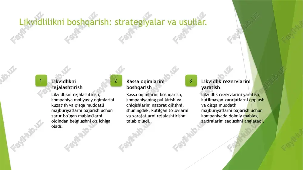 va zarar hisobotlari ko‘rib chiqiladi. bu ko‘rsatkichlar qaror qabul qilishda muhimdir. ko‘rsatkichlar tizimi toʻlovga qobiliyatlilik ko‘rsatkichlari, masalan, likvidlik koeffitsienti, to‘lovga qobiliyat koeffitsienti va boshqa moliyaviy ko‘rsatkichlar tizimidan iborat. risk baholash moliyaviy ko‘rsatkichlar yordamida risk baholash, kompaniyaning to‘lov qobiliyatini va potentsial moliyaviy muammolarni aniqlashda muhim rol o‘ynaydi. likvidlilik koeffitsienti: moliyaviy barqarorlikni baholash vositasi. likvidlilik koeffitsienti moliyaviy barqarorlikni baholashda muhim rol o'ynaydi. ushbu koeffitsient, korxonaning qisqa muddatli majburiyatlarini bajarish qobiliyatini ko'rsatadi. odatda, likvidlilik koeffitsienti 1 dan yuqori bo'lishi kerak, bu esa moliyaviy xavfsizlikni ta'minlaydi. - qisqa muddatli majburiyatlarni qoplash; - moliyaviy resurslarni samarali boshqarish; - investitsiya imkoniyatlarini baholash. likvidlilik koeffitsientining turlari va ularning farqlari. likvidlilik koeffitsienti likvidlilik koeffitsienti, kompaniyaning qisqa muddatli majburiyatlarini toʻlash qobiliyatini oʻlchaydi va moliyaviy barqarorlikni ta'minlashda muhimdir. turlari likvidlilik koeffitsientining asosiy turlari: joriy koeffitsient, tezkor koeffitsient va kashfiyatchi koeffitsienti. har biri turli holatlarda qoʻllanadi va farqlanadi. farqlari har bir koeffitsientning farqi, ularning o'lchov usulida va qamrovida yotadi. joriy koeffitsient …