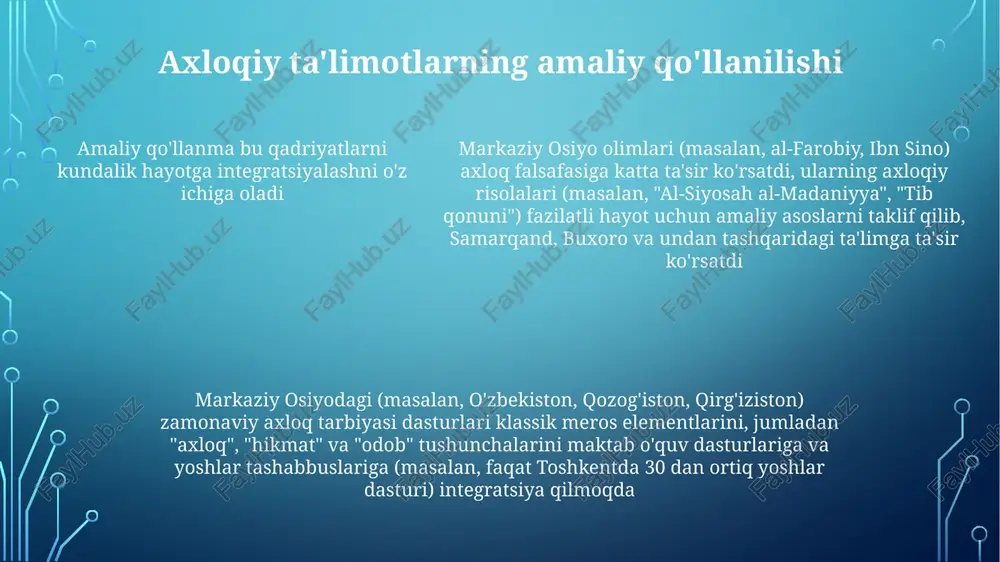 ali samarqand, buxoro va boshqa mintaqalardagi madrasalardagi axloqiy tarbiyaga katta ta'sir ko'rsatib, axloqiy fikrlash va intellektual halollikni rivojlantirishga hissa qo'shdilar markaziy osiyo matnlaridagi axloq falsafalari biruniy va tusiy (9-13-asrlar) kabi olimlar astronomiya, matematika va tibbiyotdagi hissasi bilan intellektual qat'iyat va axloqiy xulqni namoyish etib, fors va movarounnahr kabi hududlardagi madrasalarda 30 000 dan ortiq talabaga ta'lim berish uslublarini va axloqiy tarbiyani shakllantirishda o'rnak bo'lishgan. buxoro, samarqand va xorazmlik al-firobiy, rumiy va ibn sino kabi mutafakkirlarning asarlari adl, rahmat va hikmatga asoslangan axloqiy tamoyillarni turli jamoalarga tarqatib, 10-15-asr ta'limlariga sezilarli ta'sir ko'rsatdi. o'z-o'zini tarbiyalash va matonatning ahamiyati o'z-o'zini tarbiyalash (o'qishdagi muvaffaqiyat uchun muhim; talabalarning 20%ida yo'q; samarqand, toshkent va olmaotadagi o'rta osiyo universitetlari bitiruvchilarining 75% ishga joylashish ko'rsatkichiga ta'sir qiladi) ilmiy yutuqlarni o'rganish orqali axloqiy qadriyatlar (qozog'iston, qirg'iziston va o'zbekiston maktablarida markaziy osiyo olimlarining tarixiy kontekstiga ta'sir qilingan o'quvchilarda empatiya 40% oshgan); mehnatsevarlikni tarbiyalash (tarixiy shaxslarning bilimga sadoqatidan taqlid qilish; maqsadli …