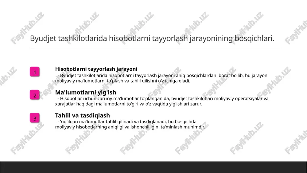 t tashkilotlari tomonidan moliyaviy resurslar va xarajatlar ustidan nazoratni ta'minlash uchun muhim tamoyildir. 2 hisobdorlik tamoyillari hisobdorlik tamoyillari, shaffoflik, aniqlik va mas'uliyatni o'z ichiga oladi. bu tamoyillar moliyaviy hisobotlar sifatini oshiradi. 3 hisobotlarda amaliyotlar hisobotlarda hisobdorlik amaliyotlari, xarajatlar va daromadlar bo'yicha aniq ko'rsatkichlar taqdim etishni o'z ichiga oladi, bu esa ishonchni oshiradi. 4 xalqaro tajribalar xalqaro tajribalar, hisobotlarda hisobdorlikni ta'minlashda muhim rol o'ynaydi. o'zbekiston bu tajribalarni o'z amaliyotiga tadbiq etishi mumkin. ommaviy moliya boshqaruvida shaffoflikni ta’minlash usullari. ommaviy nazorat ommaviy moliya boshqaruvida shaffoflikni ta'minlash uchun mustaqil nazorat organlari moliyaviy hisobotlarni tekshirib, ularning to'g'riligini tasdiqlashi zarur. axborot ochiqligi byudjet tashkilotlari o'z moliyaviy hisobotlarini ochiq va aniq tarzda taqdim etishi kerak, bu esa jamoatchilikning ishonchini oshiradi. texnologik yechimlar zamonaviy texnologiyalar, masalan, ochiq ma'lumot platformalari va elektron hisobot tizimlari, shaffoflikni ta'minlashda muhim rol o'ynaydi. hisobotlarni tayyorlashda shaffoflik va hisobdorlikning roli. hisobotlarni tayyorlashda shaffoflik va hisobdorlik muhim omillardir. ular davlat moliyasini boshqarish jarayonida ishonchni …