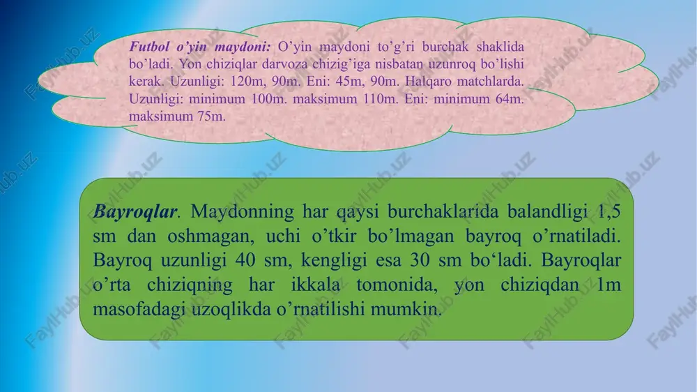 kida o’tkaziladi. agar jamoalarda o’yinchilar soni 7ta kam bo’lsa, match boshlanmasligi mumkin. fifa yoki milliy federasiyalar tomonidan tashkil qilinadigan har qanday rasmiy musobaqalarda 5tagacha o’yinchilarni almashtirishga ruxsat beriladi. musobaqa nizomida buyurtmaga kiritiladigan zahiradagi o’yinchilar soni 3dan 7gacha o’zaro kelishilgan bo’lishi kerak, bundan ortiq bo’lishi mumkin emas. o’yinchilar. match har qaysisida darvozabonlarni qo’shgan holda o’yinchilarning soni 11tadan oshmagan ikki jamoa ishtirokida o’tkaziladi. agar jamoalarda o’yinchilar soni 7ta kam bo’lsa, match boshlanmasligi mumkin. fifa yoki milliy federasiyalar tomonidan tashkil qilinadigan har qanday rasmiy musobaqalarda 5tagacha o’yinchilarni almashtirishga ruxsat beriladi. musobaqa nizomida buyurtmaga kiritiladigan zahiradagi o’yinchilar soni 3dan 7gacha o’zaro kelishilgan bo’lishi kerak, bundan ortiq bo’lishi mumkin emas. raqam (balandligi-25 sm, eni-3 sm). futbolchi kiyimining orqa tarafiga tomoshabinlarga, jurnalistlarga va hakamlarga ko’rinadigan holda yozib qo’yiladi. kiyimga (yopishtirib) o’yinchining ismi yoki familiyasi futbolchi kiyimi orqasiga yozib qo’yilmoqda. o’yin vaqti: o’yin 45 minutdan 2 taym davom etadi. har qanday o’yin vaqtini o’zgartirish to’g’risidagi kelishuvga (yorug’likning …