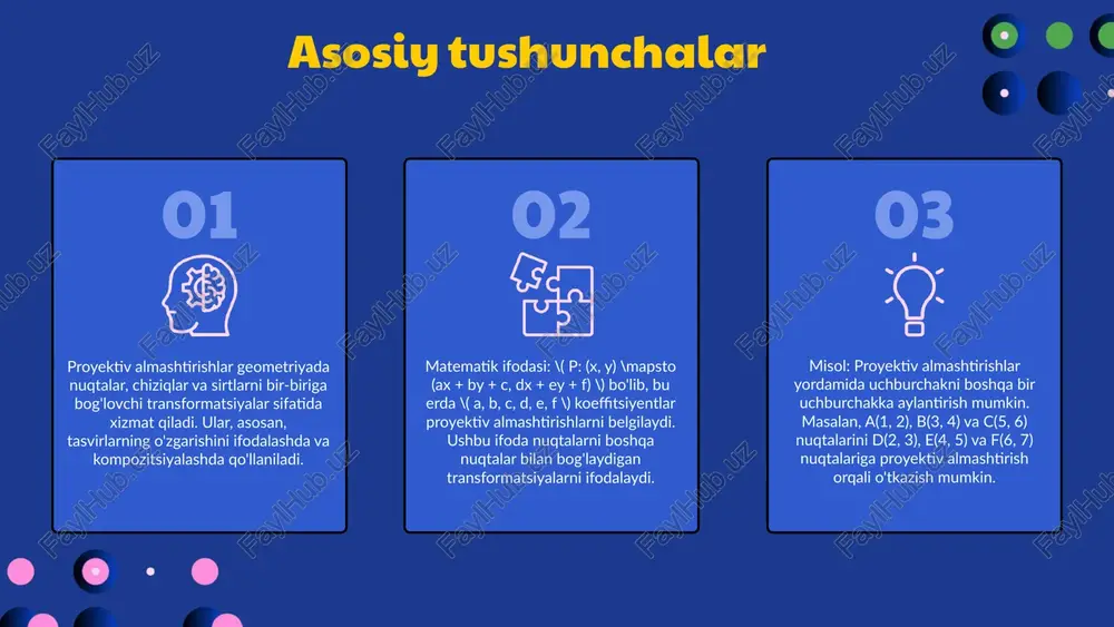almashtirishlar geometrik ob'ektlarni o'zgartirishda muhim rol o'ynaydi va ular yordamida turli xil ma'lumotlar taqdim etilishi mumkin. kelajakda proyektiv almashtirishlar proyektiv almashtirishlar kelajakda sun'iy intellekt va virtual haqiqat kabi yangi texnologiyalar bilan kengayishi kutilmoqda. bu yondashuvlar yangi metodlar bilan birgalikda samarali natijalarga erishishga yordam beradi. yangi texnologiyalar yordamida proyektiv almashtirishlar jarayonini optimallashtirish va samaradorligini oshirish mumkin. misol uchun, virtual haqiqat loyihalash jarayonida real vaqt ma'lumotlari taqdim etish orqali muammolarni tezda hal qilish imkonini beradi. proyektiv almashtirishlar: kirish proyektiv almashtirishlar - geometrik shakllarni va ularning xususiyatlarini o'zgartirish usuli. ular arxitektura, muhandislik va kompyuter grafikasi kabi sohalarda keng qo'llaniladi. ushbu usulning asosiy maqsadi - murakkab geometrik muammolarni soddalashtirish va tushunishni oshirishdir. proyektiv almashtirishlar yordamida shakllarning joylashuvi va o'lchovlarini o'zgartirish imkoniyati mavjud. proyektiv almashtirishlar: asosiy tushunchalar proyektiv almashtirishlar - bu geometrik ob'ektlarning o'zgartirilishi jarayoni bo'lib, ularning shakl va o'lchamlari o'zgaradi. ular ko'pincha tasviriy san'at va arxitektura sohalarida qo'llaniladi. almashtirish jarayoni quyidagi bosqichlardan iborat: 1. …