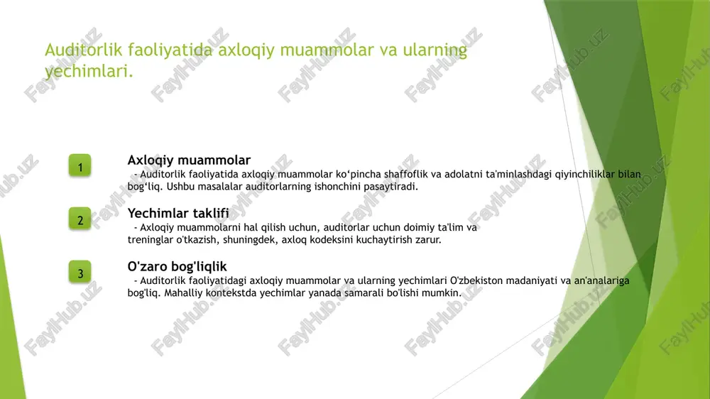 sh, auditorlik obro'sini jiddiy zarar keltirishi mumkin. 3 madaniy ta'sir o'zbekistonda auditorlarning axloqiy xulqi, madaniy qadriyatlar bilan bog'liq bo'lib, mahalliy an'analar va ijtimoiy normativlar ta'sirida rivojlanadi. auditorlikda axloqiy me'yorlarni buzishning oqibatlari. axloqiy qadriyatlar auditorlikda axloqiy me'yorlarni buzish, auditorlarning obro'siga katta zarar etkazadi. bu, ishonchni yo'qotishga va hamkorlikni susaytirishga olib keladi. huquqiy oqibatlar axloqiy me'yorlarni buzish, auditorlarni jazolash va huquqiy masalalarga olib kelishi mumkin. bu, shuningdek, auditorlik tashkilotining obro'sini pasaytiradi. ijtimoiy ta'sir auditorlik amaliyotidagi axloqiy me'yorlar buzilganda, ijtimoiy muhitda nohaqlik va adolatsizlik hissi kuchayadi, bu esa auditorlarga bo'lgan ishonchni kamaytiradi. o'zbek madaniyatida axloqiy qadriyatlar: tarixiy kontekst va rivojlanish. tarixiy o'ziga xoslik o'zbek madaniyatida axloqiy qadriyatlar tarixan turli omillar, jumladan, islom, an'anaviy qadriyatlar va ijtimoiy tuzilmalar ta'sirida shakllangan. o'zbek axloqi o'zbek axloqi halollik, adolat va samimiyat kabi prinsiplar bilan ifodalanadi, bu esa auditorlik amaliyotida muhim ahamiyatga ega. zamonaviy talqin hozirgi kunda, axloqiy qadriyatlar globalizatsiya ta'sirida yangilanmoqda, o'zbekiston auditorlari uchun bu qadriyatlarni saqlash …