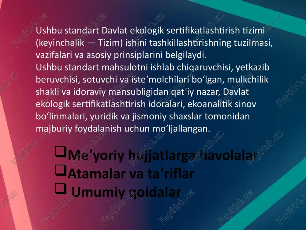 qirozni keltirib chiqaradi. https://uz.wikipedia.org/wiki/pr https://www.ecomark.com.tr/uz/eco/itemlist/tag/eko%20standart%20nedir https://www.biznesrivoj.uz/articles/pr-nima-u-nima-uchun-kerak-va-qanday-qilib-muvaffaqiyatli-pr-qilish-mumkin https://uzpedia.uz/pedia/pr https://uniwork.buxdu.uz/resurs/33215_1_3ec0fb0860c12ffbc877201f004593a25a45608c.pdf foydalanilgan adabiyotlar e’tiboringiz uchun rahmat image2.png image3.jpeg image4.png image1.jpg