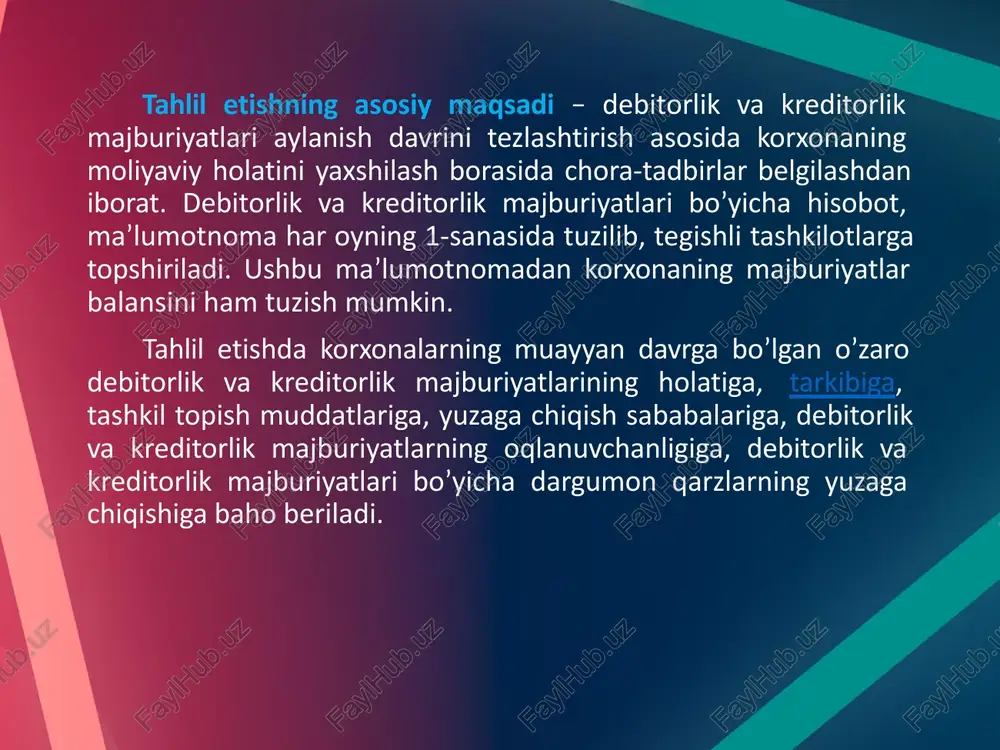 z qarz xarajatlarining oshishiga olib keladi. xuddi shunday, kreditorlik qarzlarining aylanmasi ma'lum bir davrdagi kredit xaridlarining umumiy miqdorini shu davrdagi kreditorlik qarzlarining o'rtacha qoldig'iga bo'lish yo'li bilan hisoblanadi. kreditorlik qarzlarining yuqori aylanma koeffitsienti kompaniyaning o'z etkazib beruvchilariga o'z vaqtida to'lashini anglatadi, bu esa etkazib beruvchilar bilan munosabatlarni yaxshilashga, erta to'lov uchun chegirmalarga va yaxshilangan likvidlikka olib kelishi mumkin. aksincha, past aylanma koeffitsienti to'lovning kechikishini, etkazib beruvchilar bilan munosabatlarning keskinligini va chegirmalar yoki qulay shartlar uchun o'tkazib yuborilgan imkoniyatlarni ko'rsatishi mumkin. korxonalarning debitorlik va kreditorlik qarzlariga baho berishda ularni balan holatiga keltirib o’rganish ham mumkin bo’ladi. debitorlik va kreditorlik qarzlari balansi ular orasidagi o’zaro tenglik nisbatini xarakterlaydi. bunda debitorlik majburiyatlarining kreditorlik majburiyatlaridan ortib ketishi yoki aksincha holatlari ifodalanadi. tahlilda muddati uzaytirilgan debitorlik va kreditorlik majburiyatlarining yuzaga kelishiga alohida ahamiyat beriladi. negaki, muddati o’tkazib yuborilgan majburiyatlar korxonaning moliyaviy ahvolini mushkullashishi va moliyaviy barqarorligining buzilishiga olib keladi. o’z navbatida korxonaning to’lov layoqati buziladi. …
