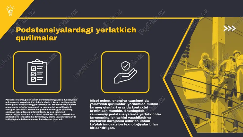 zaga kelishi mumkin. birinchi muammo - yerlatkichning o'ziga xos parametrlarini aniqlashdagi noaniqliklar. bu holat, yerlatkichning samaradorligini pasaytirishi va xavfsizlikni tahdid qilishi mumkin. yechim sifatida, muammolarni aniqlash va tajribaviy ma'lumotlarga asoslangan tahlil o'tkazish tavsiya etiladi. ikkinchi muammo - hisob-kitoblar uchun kerakli uskunalar va dasturiy ta'minotning yetishmasligi. bu, hisoblash jarayonining sekinlashishiga olib keladi. yechim sifatida, zamonaviy dasturiy ta'minot va uskunalar bilan ta'minlash lozim. uchinchi muammo - hisoblash natijalarining aniqligi va ishonchliligidir. ba'zan natijalar noto'g'ri bo'lishi mumkin, bu esa muammolarga olib keladi. yechim sifatida, hisoblash natijalarini bir necha marta tekshirish va mustaqil ekspertlar bilan maslahatlashish tavsiya etiladi. kelajakda hisoblash usullari kelajakda elektr stansiya va podstansiyalar uchun yerlatkich qurilmalarini hisoblash usullarini rivojlantirishda innovatsion yondashuvlar muhim rol o'ynaydi. zamonaviy texnologiyalar, masalan, sun'iy intellekt va katta ma'lumotlar, yerlatkich qurilmalarining samaradorligini oshirishga yordam beradi. ushbu usullar orqali, elektr stansiyalari va podstansiyalar uchun yerlatkich qurilmalarini hisoblash jarayoni yanada aniqlashadi va xavfsizligi ta'minlanadi. innovatsion yechimlar, shuningdek, energiya tizimlarining ishonchliligini …