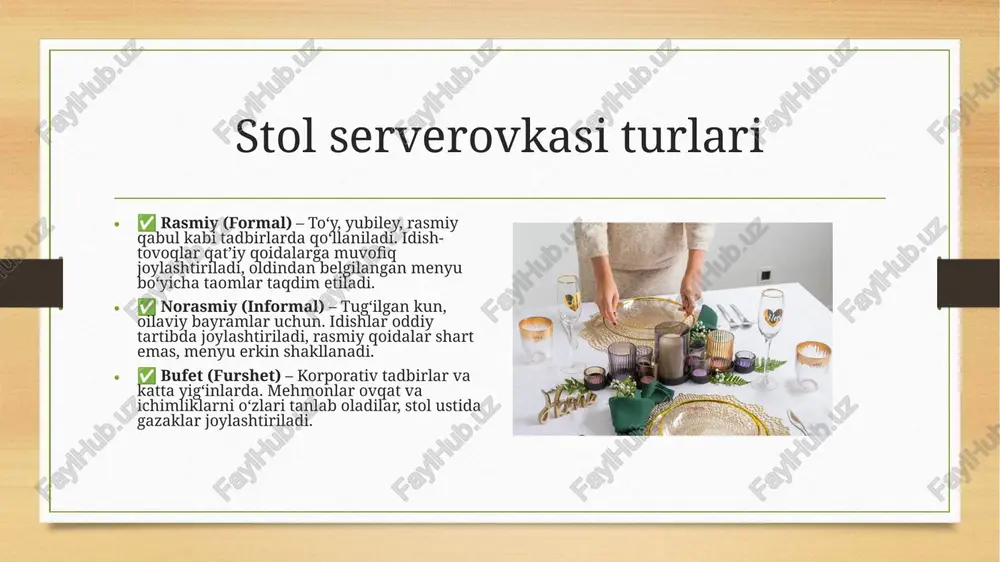 v, sharbat, gazlangan ichimliklar va tadbir turiga qarab choy yoki qahva. shirinliklar – tort, pirojniy, mevalar yoki milliy shirinliklar mehmonlarga bayramona kayfiyat baxsh etadi. menyu mehmonlarning didi va parhez talablarini hisobga olgan holda tuzilishi kerak. xilma-xil taomlar va ichimliklar bayram dasturxonini yanada jozibador qiladi. bufet va furshet uslubida stol bezatish bufet va furshet uslubida stol bezatish rasmiy va norasmiy tadbirlar uchun mos keladi. bu uslubda mehmonlar o‘zlari taom va ichimliklarni tanlab oladilar, shuning uchun qulay va tartibli joylashtirish muhim hisoblanadi. asosiy tamoyillar: stol ustiga barcha taom va ichimliklar tartibli joylashtiriladi. har bir taom uchun alohida idish va maxsus xizmat qiluvchi qoshiq yoki vilka qo‘yiladi. ichimliklar burchakka yoki alohida stolga joylashtiriladi. stollar ortiqcha bezaksiz, ammo estetik jihatdan jozibador bo‘lishi kerak. mehmonlarning erkin harakatlanishiga imkon yaratish uchun joylashuv qulay bo‘lishi lozim. furshet va bufet uslubida ovqatlanish erkinligi ta’minlanib, samimiy va qulay muhit yaratiladi. stol serverovkasida odob qoidalari stol serverovkasi chiroyli va qulay …