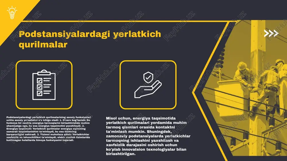lashdagi noaniqliklar. bu holat, yerlatkichning samaradorligini pasaytirishi va xavfsizlikni tahdid qilishi mumkin. yechim sifatida, muammolarni aniqlash va tajribaviy ma'lumotlarga asoslangan tahlil o'tkazish tavsiya etiladi. ikkinchi muammo - hisob-kitoblar uchun kerakli uskunalar va dasturiy ta'minotning yetishmasligi. bu, hisoblash jarayonining sekinlashishiga olib keladi. yechim sifatida, zamonaviy dasturiy ta'minot va uskunalar bilan ta'minlash lozim. uchinchi muammo - hisoblash natijalarining aniqligi va ishonchliligidir. ba'zan natijalar noto'g'ri bo'lishi mumkin, bu esa muammolarga olib keladi. yechim sifatida, hisoblash natijalarini bir necha marta tekshirish va mustaqil ekspertlar bilan maslahatlashish tavsiya etiladi. kelajakda hisoblash usullari kelajakda elektr stansiya va podstansiyalar uchun yerlatkich qurilmalarini hisoblash usullarini rivojlantirishda innovatsion yondashuvlar muhim rol o'ynaydi. zamonaviy texnologiyalar, masalan, sun'iy intellekt va katta ma'lumotlar, yerlatkich qurilmalarining samaradorligini oshirishga yordam beradi. ushbu usullar orqali, elektr stansiyalari va podstansiyalar uchun yerlatkich qurilmalarini hisoblash jarayoni yanada aniqlashadi va xavfsizligi ta'minlanadi. innovatsion yechimlar, shuningdek, energiya tizimlarining ishonchliligini oshirishga qaratilgan. photo by joe holland on unsplash eliktr stansiyalar …