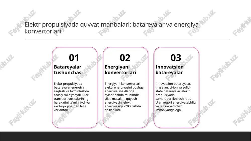 uzilmasini rivojlantirishga qaratilgan loyihalar amalga oshirilmoqda. innovatsion texnologiyalar o'zbek muhandislari tomonidan yaratilgan yangi elektr motorlari va energiya saqlash tizimlari, transport samaradorligini oshirishga katta hissa qo'shmoqda. global hamkorlik o'zbekiston xalqaro miqyosda elektr propulsiyani rivojlantirishda hamkorlikni yo'lga qo'yib, texnologiyalarni almashish va tajribalarni o'rganish imkoniyatlarini kengaytirmoqda. innovatsion texnologiyalar: o'zbek muhandisligida yangi yondashuvlar. o'zbek muhandisligida elektr yuritma asoslari orqali innovatsion texnologiyalar rivojlanmoqda. bu yondashuvlar barqaror transportni ta'minlashda muhim ahamiyatga ega. misollar: elektromobillar, quyosh energiyasi, va yangi akkumulyator texnologiyalari. photo by jeswin thomas on unsplash elektr propulsiyaning samaradorligi: o'zbekiston misollarida. elektr transporti o'zbekistonda elektr transport vositalari, masalan, elektr avtobuslar va velosipedlar, shaharlararo transportda samaradorlikni oshirishda muhim rol o'ynaydi. energiya samaradorligi elektr propulsiyali tizimlar, an'anaviy yonilg'i bilan ta'minlangan vositalarga nisbatan 30-40% ko'proq energiya samaradorligini ta'minlaydi, bu esa iqtisodiy jihatdan foydali. innovatsion yechimlar o'zbekistondagi innovatsion elektr propulsiyali loyihalar, masalan, toshkentda qurilgan elektr avtobuslar, ekologik toza transport uchun yangi imkoniyatlar yaratmoqda. barqaror transport echimlari: o'zbekistondagi innovatsiyalar tahlili. elektr …